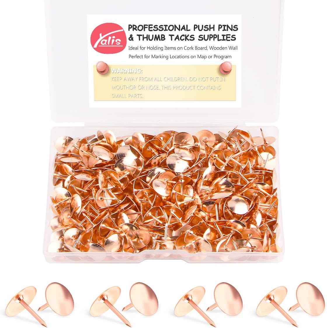 Yalis thumb tacks front view in rose gold packaging