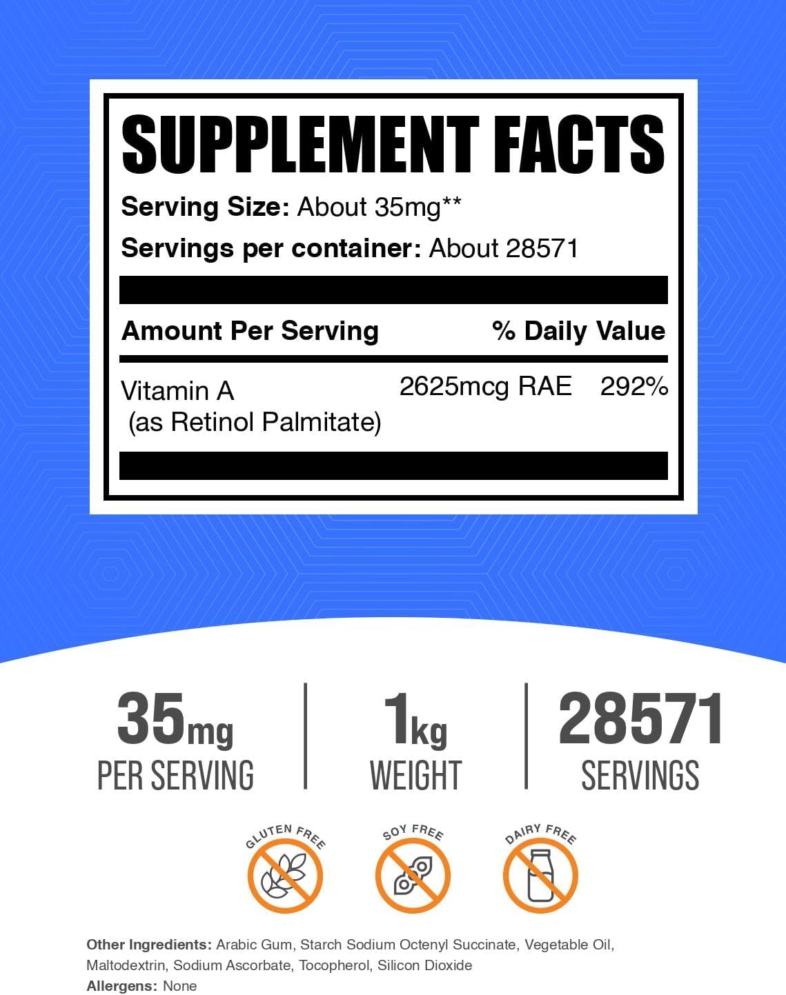 Bulk supplements retinol palmitate gluten free powder nutritional facts label
