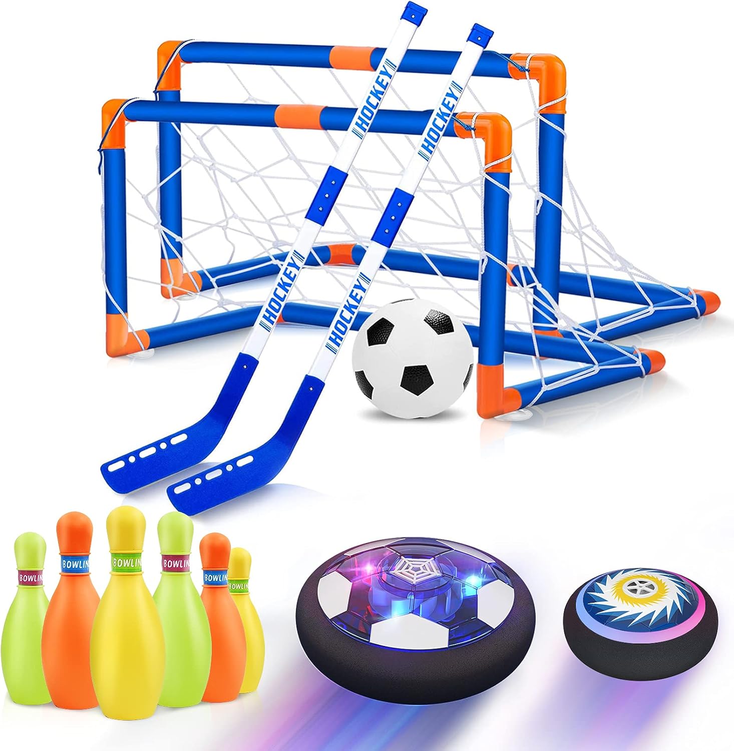 Hot Bee Hover Soccer Ball Set front view showcasing the active floating air disk and goals for kids indoor sports.