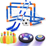 Hot Bee Hover Soccer Ball Set front view showcasing the active floating air disk and goals for kids indoor sports.