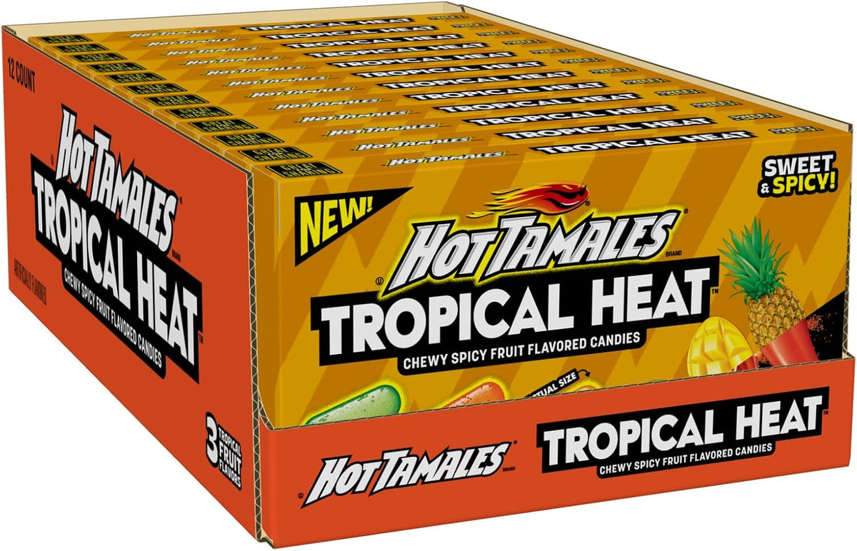 Close up of Hot Tamales Tropical Heat candy packaging