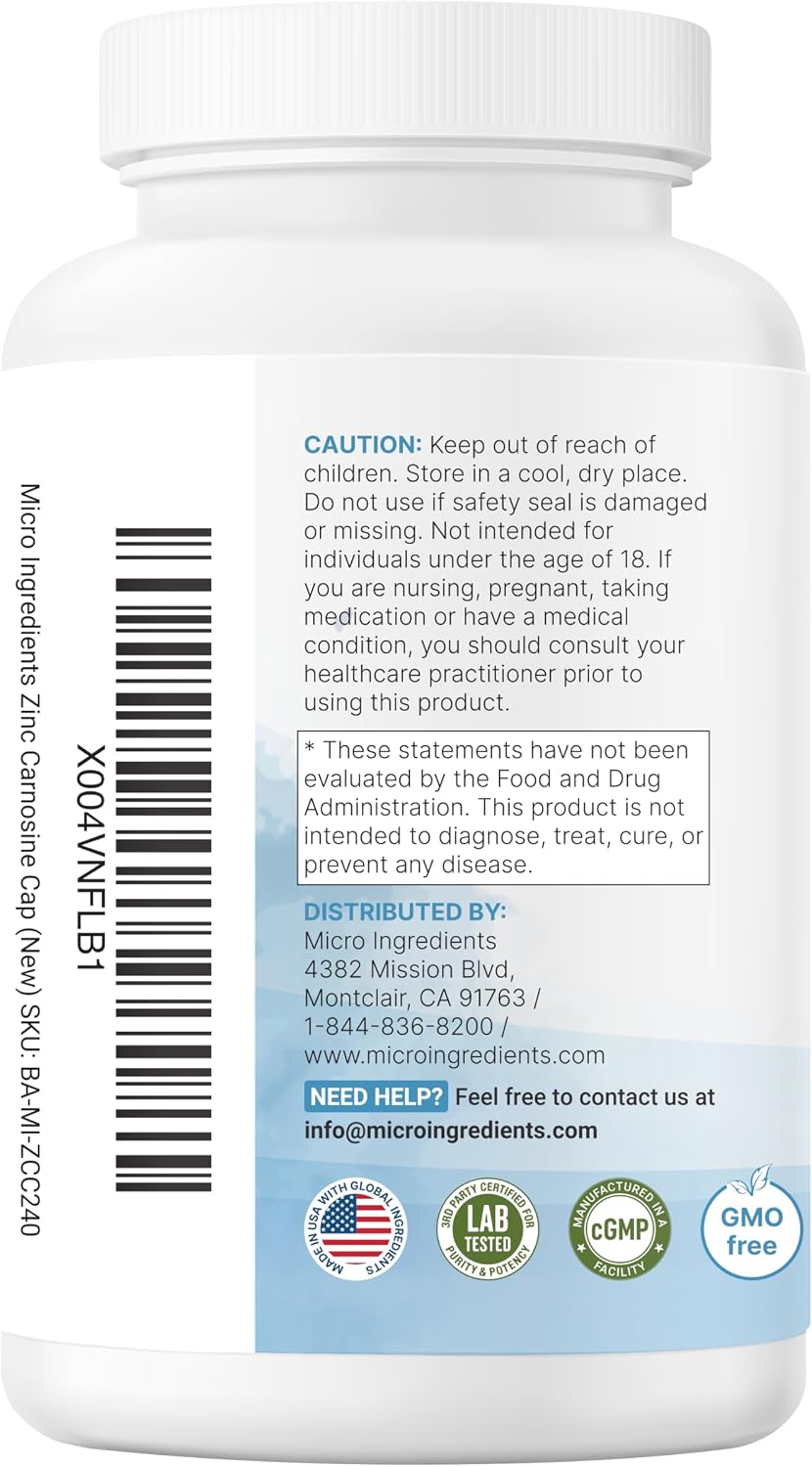 Micro Ingredients zinc carnosine packaging and bottle angle