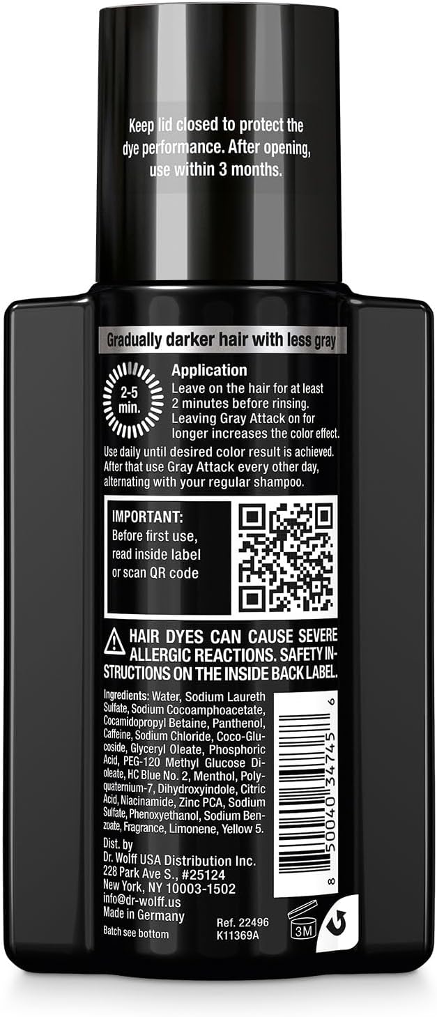 Alpecin Gray Attack shampoo back label showing ingredients and instructions