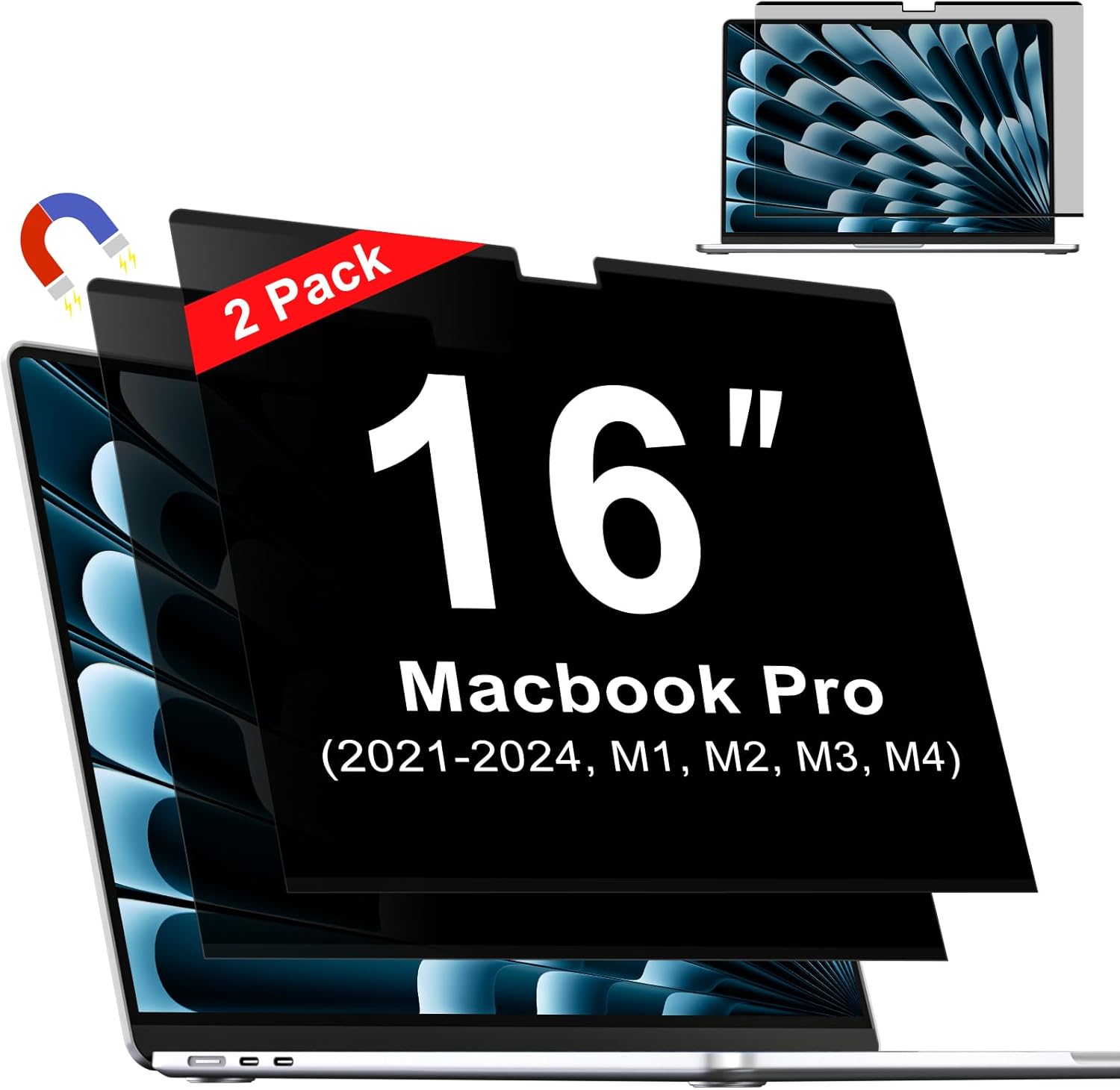 ZOEGAA magnetic privacy screen for MacBook Pro 16 inch front view highlighting the crisp straight-on display clarity.