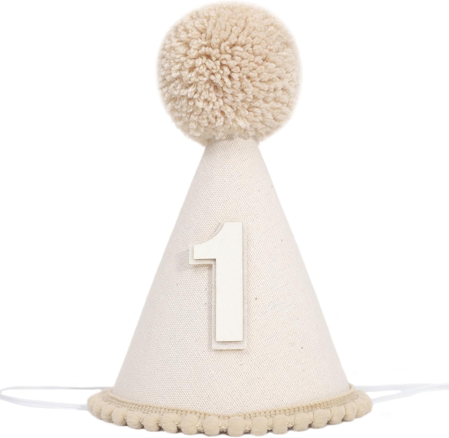 Patrdio boho first birthday celebration hat front view showing neutral beige linen texture and number one applique.