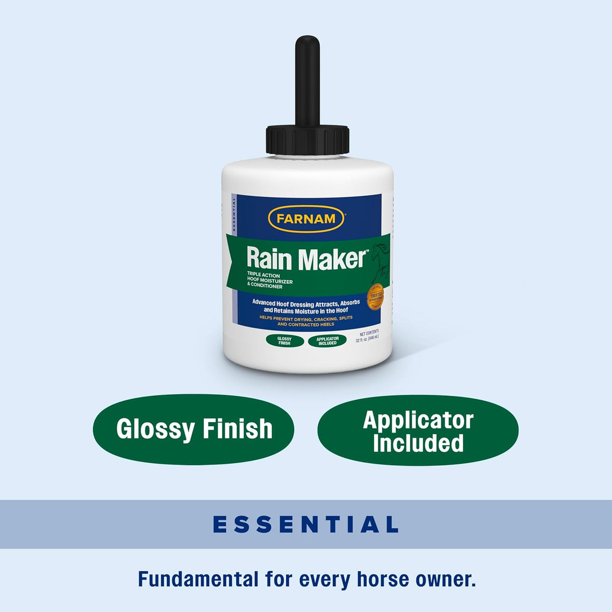 Deep penetrating hoof moisturizer showing the glossy professional finish on horse hooves.