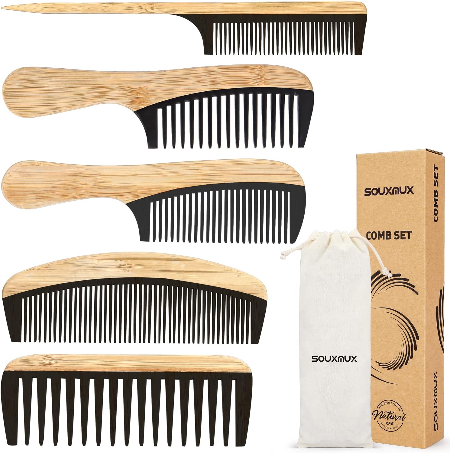 SouxMux 5 Piece Handmade Bamboo Anti-Static Comb Set front view