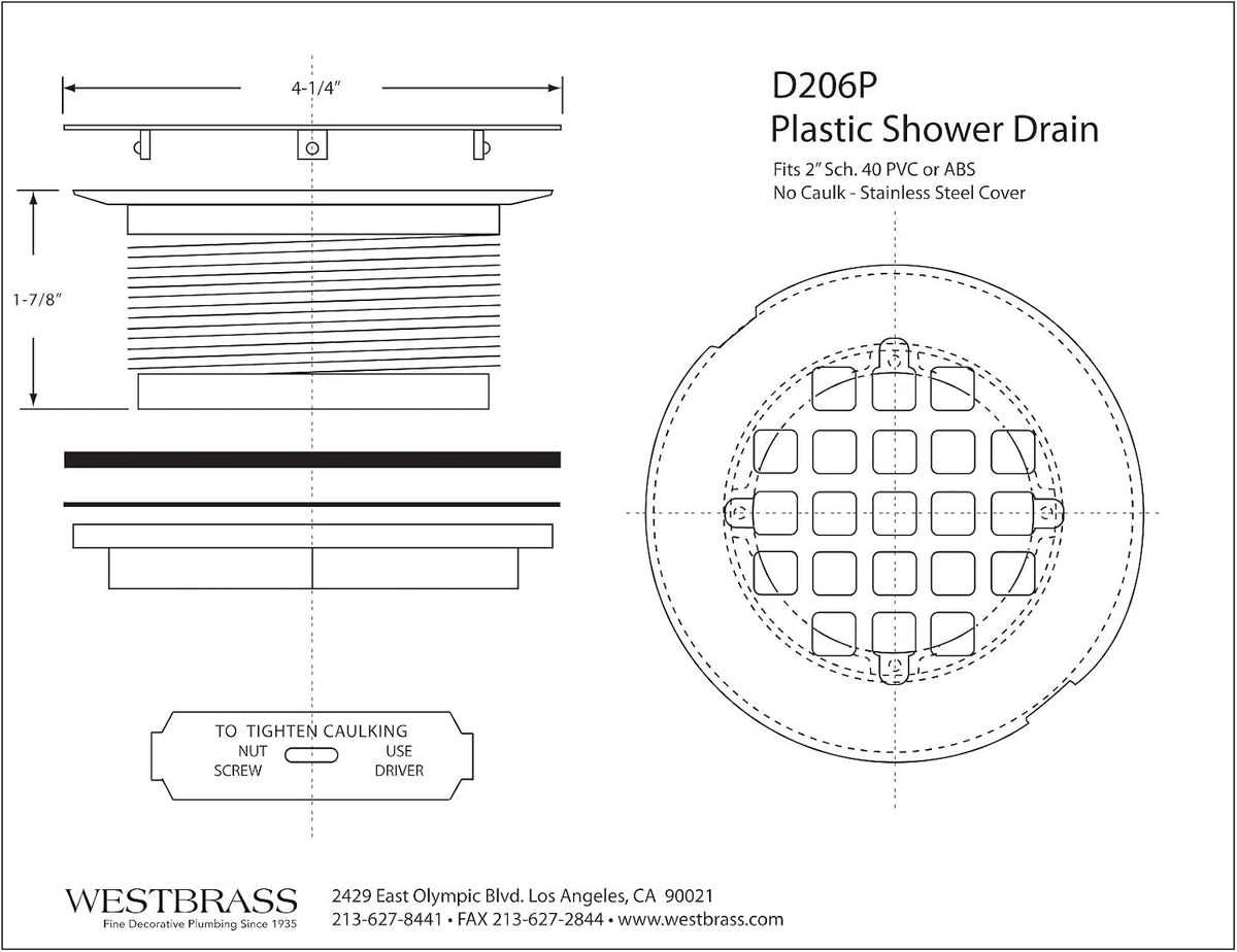 Westbrass D206P-01 2" No-Caulk PVC Compression Shower Drain with 4-1/4" Round Grid Cover, Polished Brass - Image 11