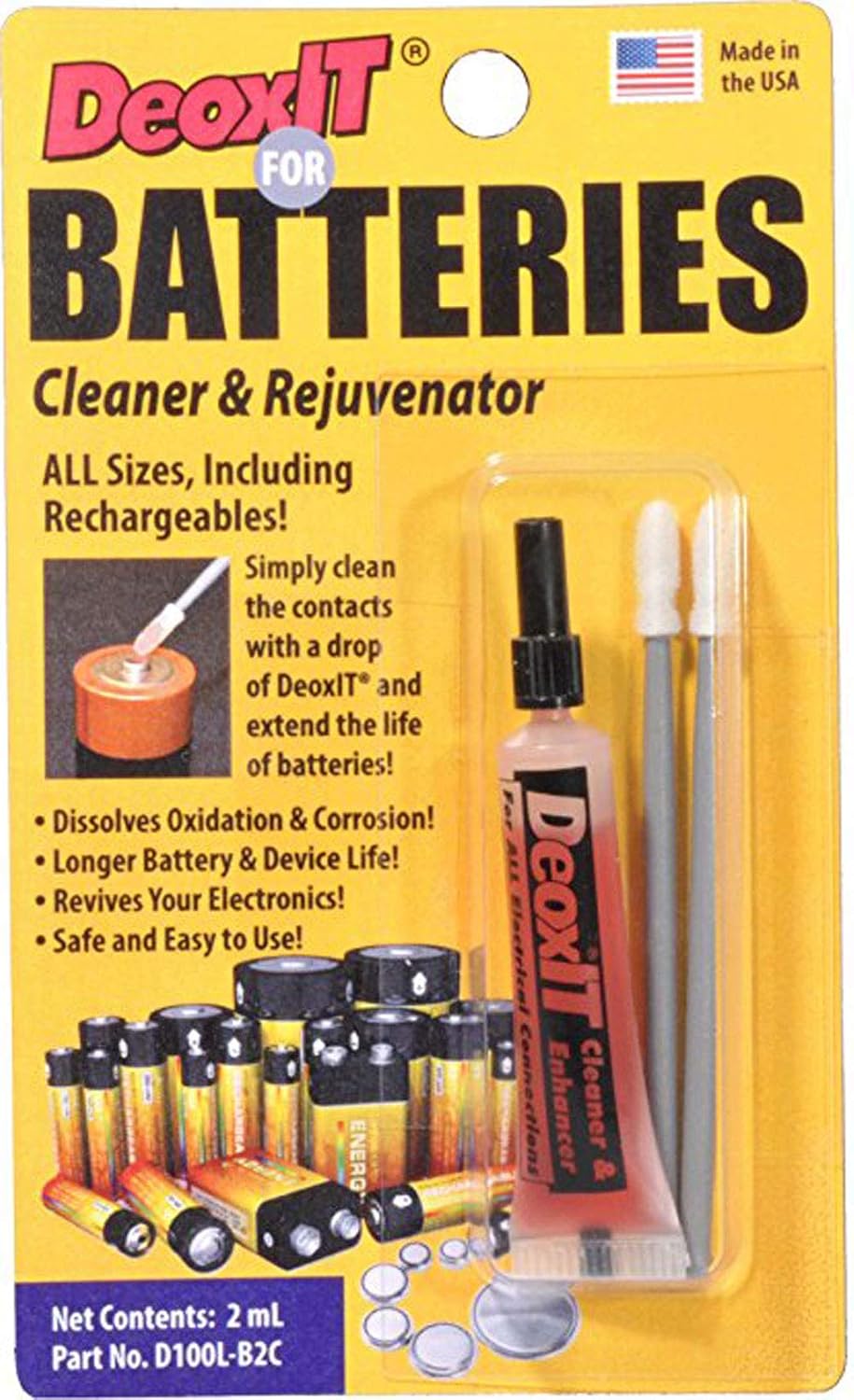 CAIG Laboratories DeoxIT D100L-B2C battery cleaner kit front view showing the squeeze tube and application swabs.