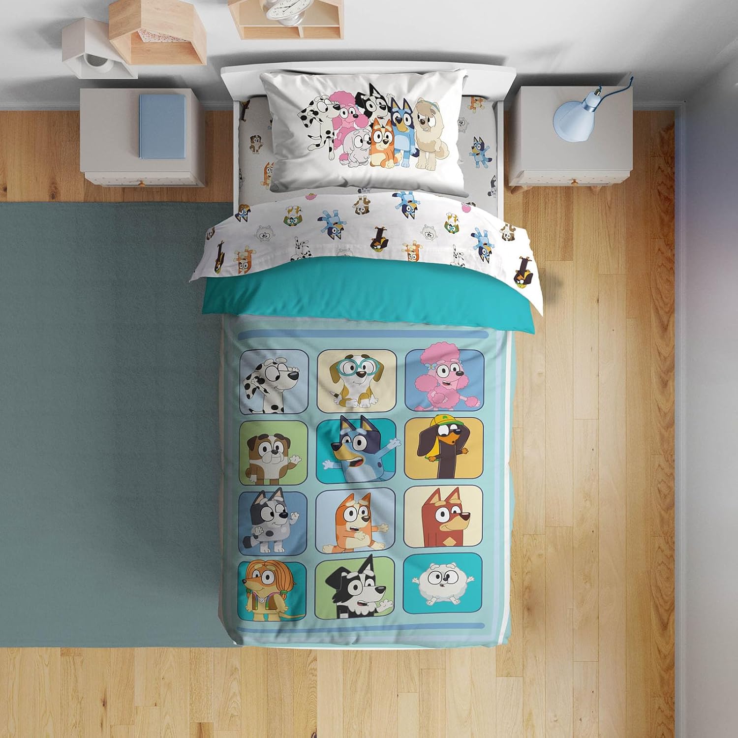 Sunny Side Up Bluey and Friends toddler comforter set laid out in a decorated kids bedroom front view.