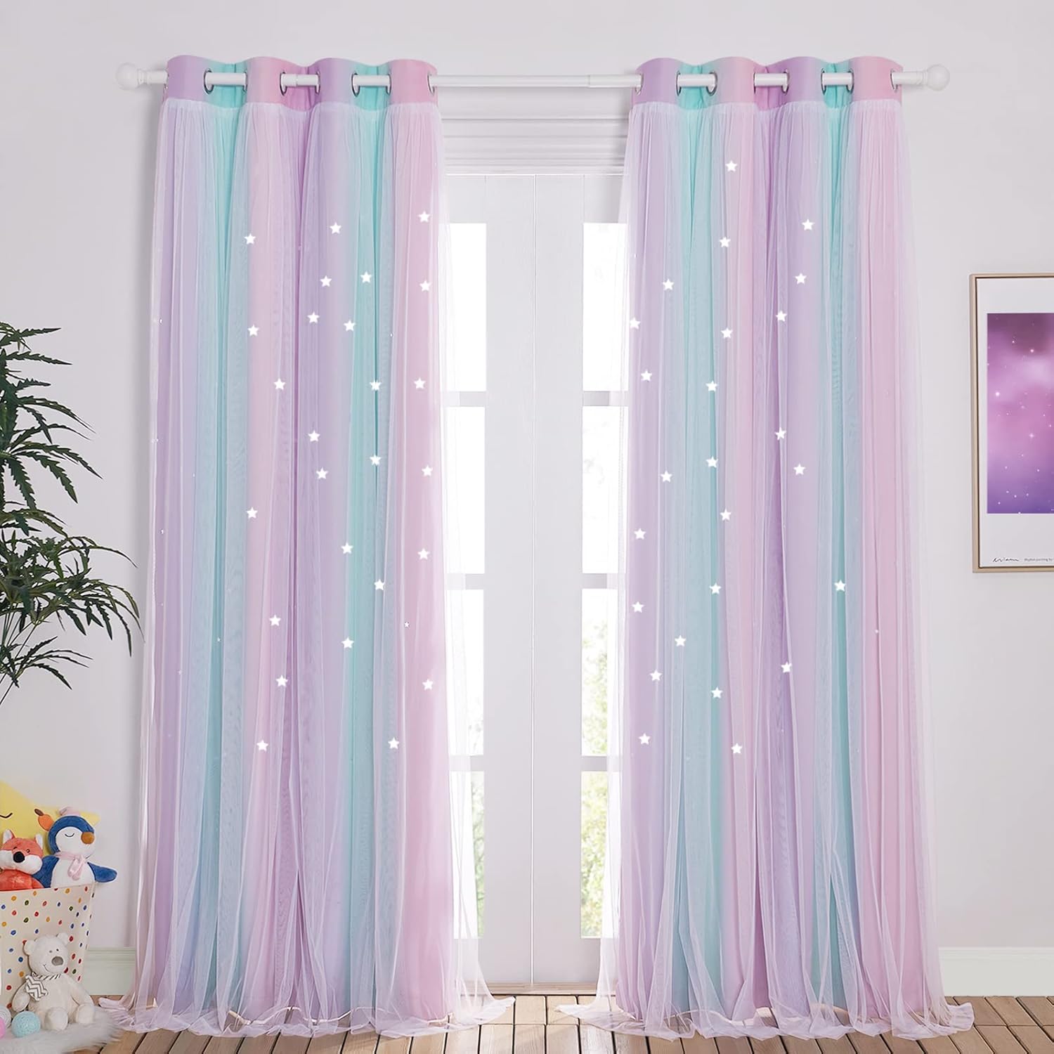 NICETOWN double layer star cutout nursery curtains front view in a decorated girls bedroom
