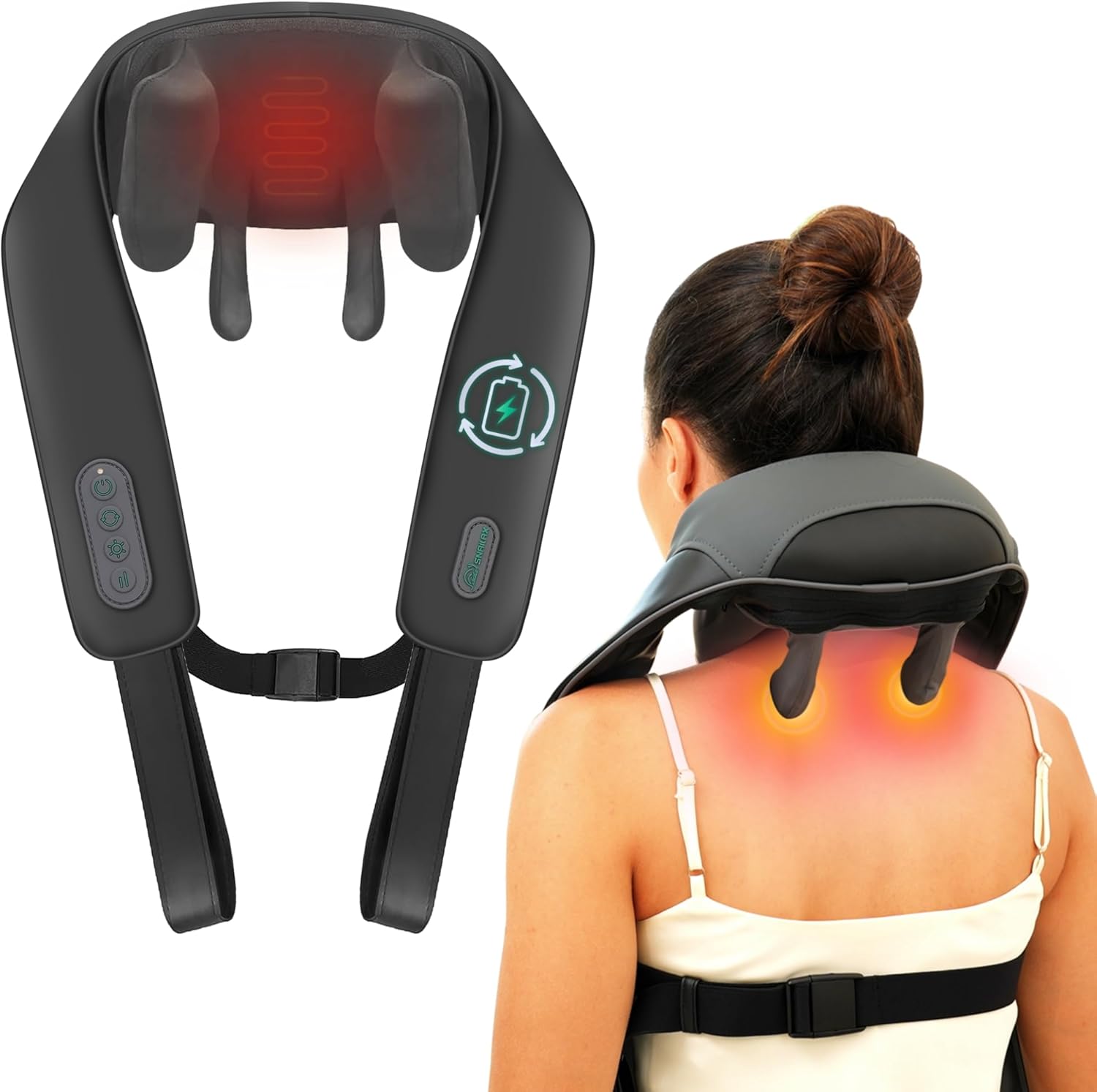 Snailax cordless neck shoulder massager with heat front view highlighting four-dimensional deep tissue kneading nodes