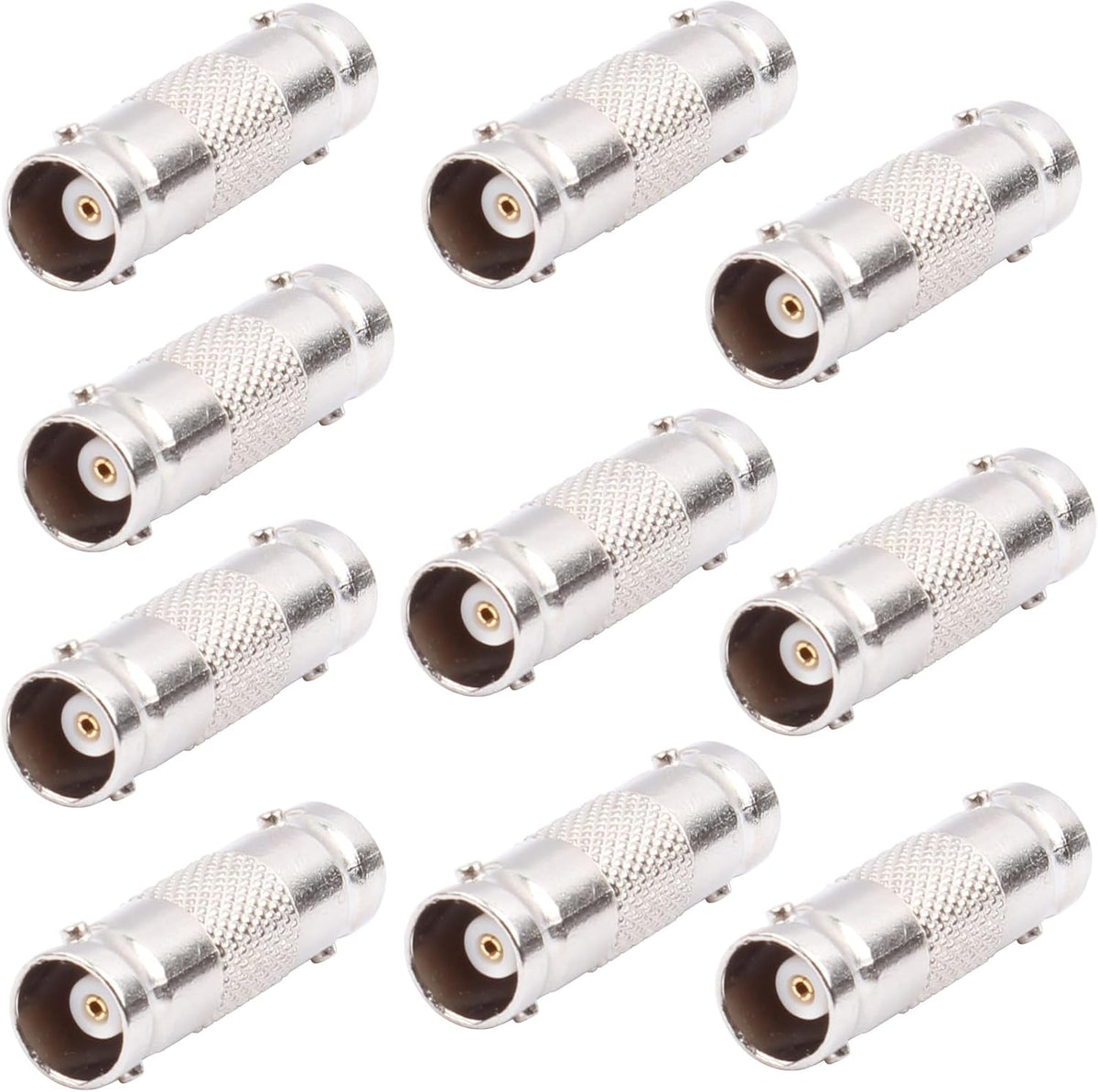 AIMHDUTY BNC female to female connector 10 pack front view showcasing the metallic straight barrel design