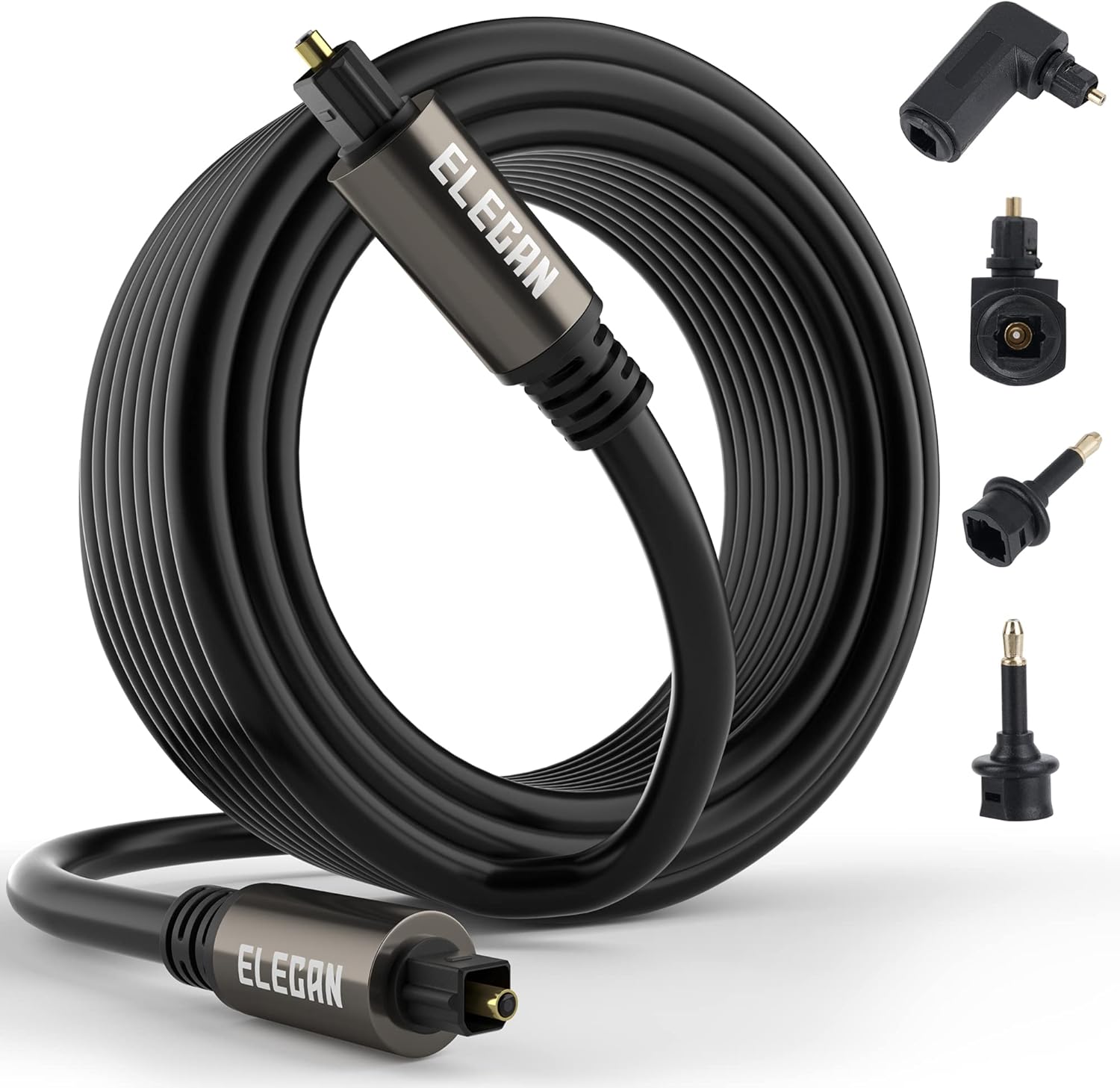 Elecan 30-foot optical audio cable front view showing gold-plated connectors