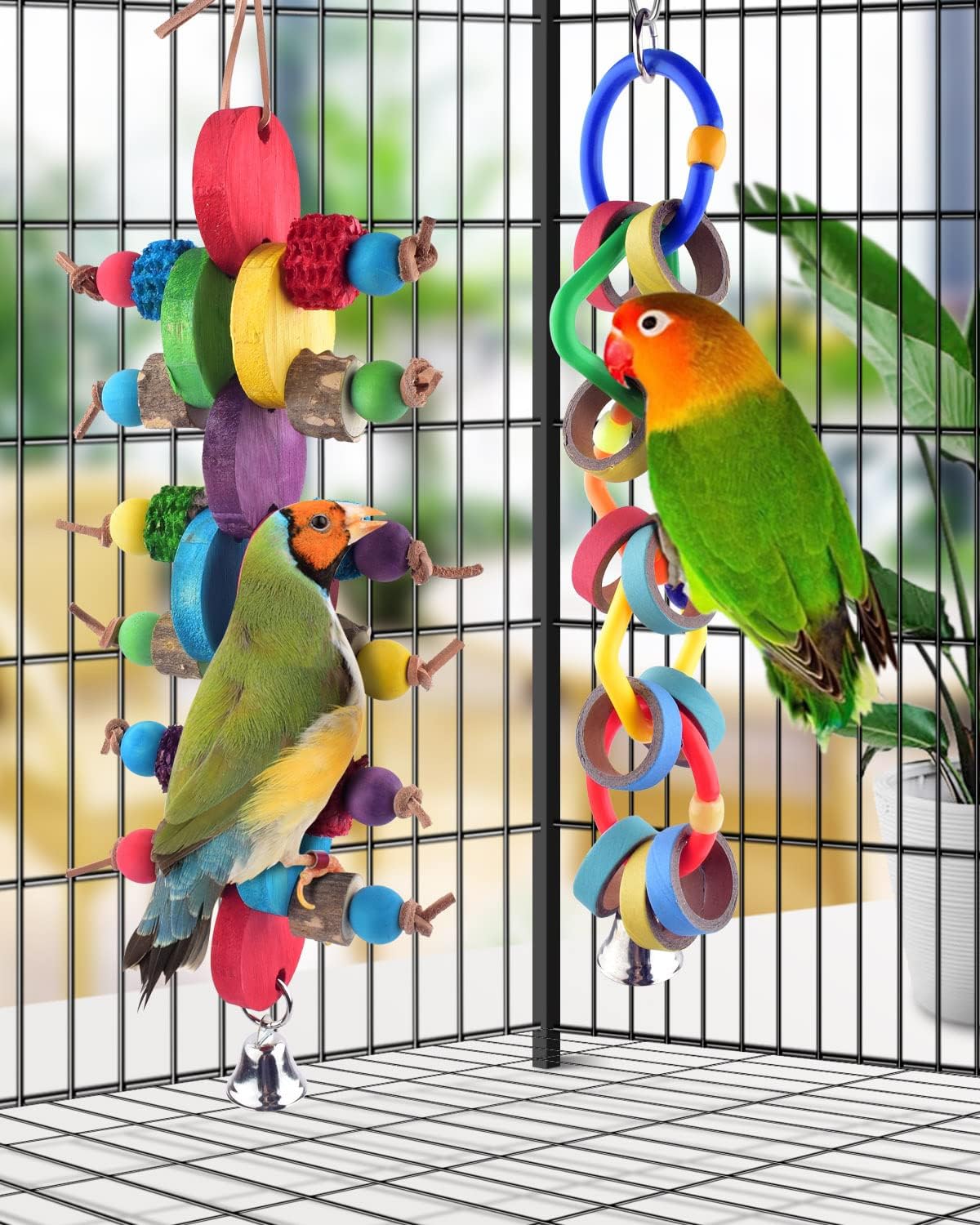 The packaging layout of the two pieces of Bissap bird foraging and shredding toys with top hanging hooks.