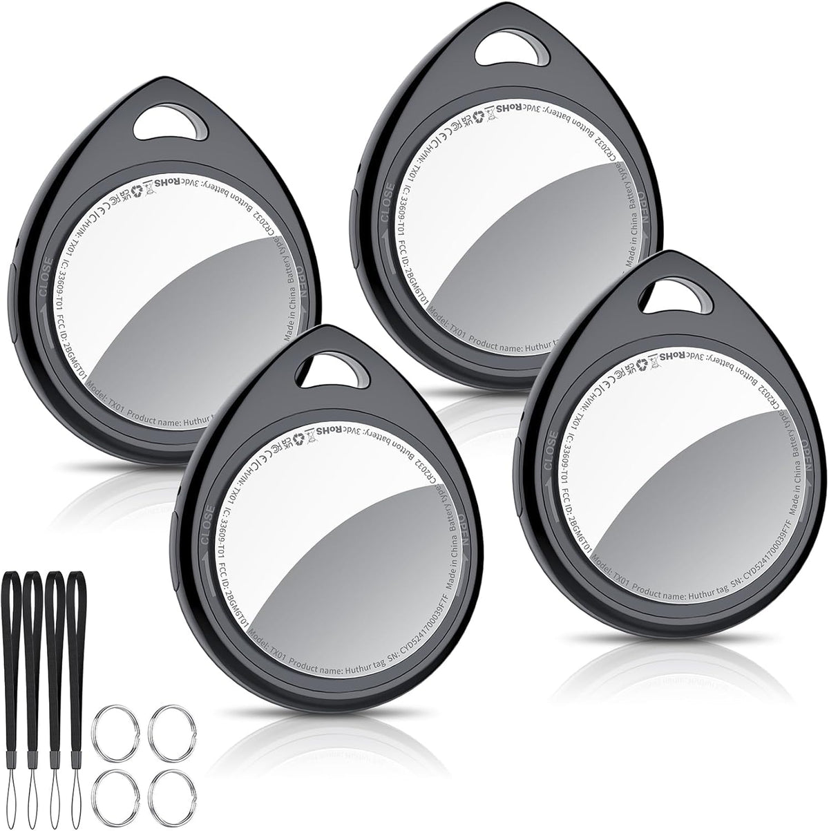 QCOQ Air Tracker Tags Four Pack front view showing circular black smart finders with keychain attachments.