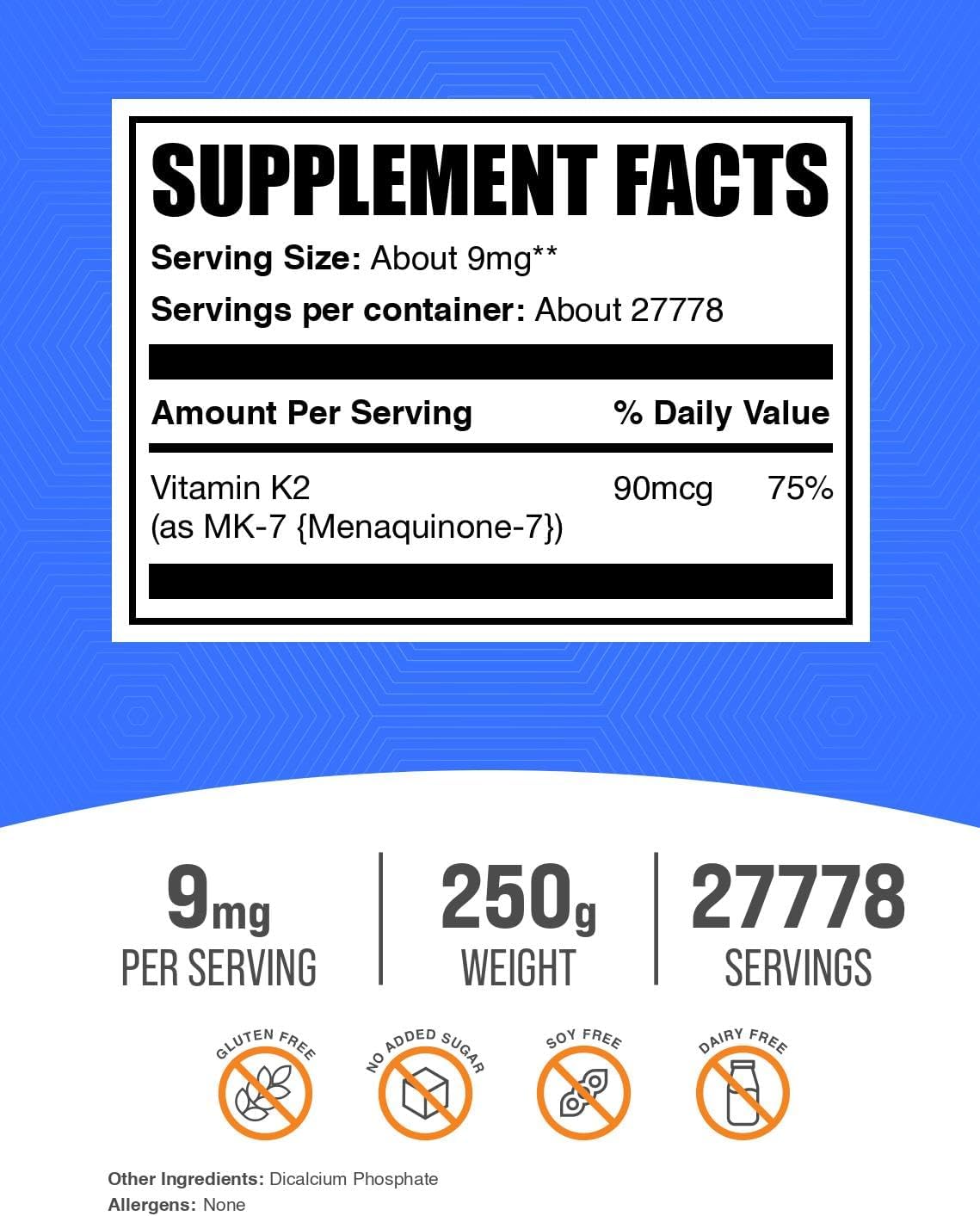 BulkSupplements Vitamin K2 powder 250g packaging