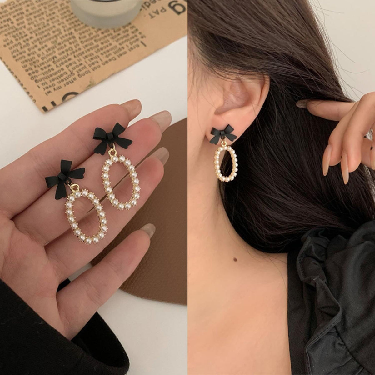 Zeshimb vintage bowknot statement earrings close up detail