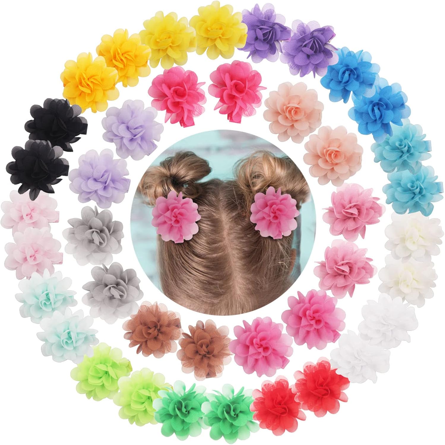 Ded 40 piece chiffon flower hair bows and clips front view