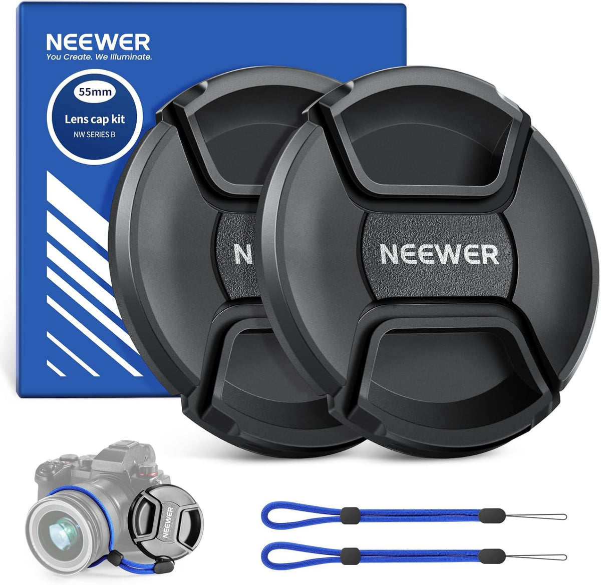 Neewer 55mm camera lens cap kit front view showing two black center pinch covers and premium packaging.