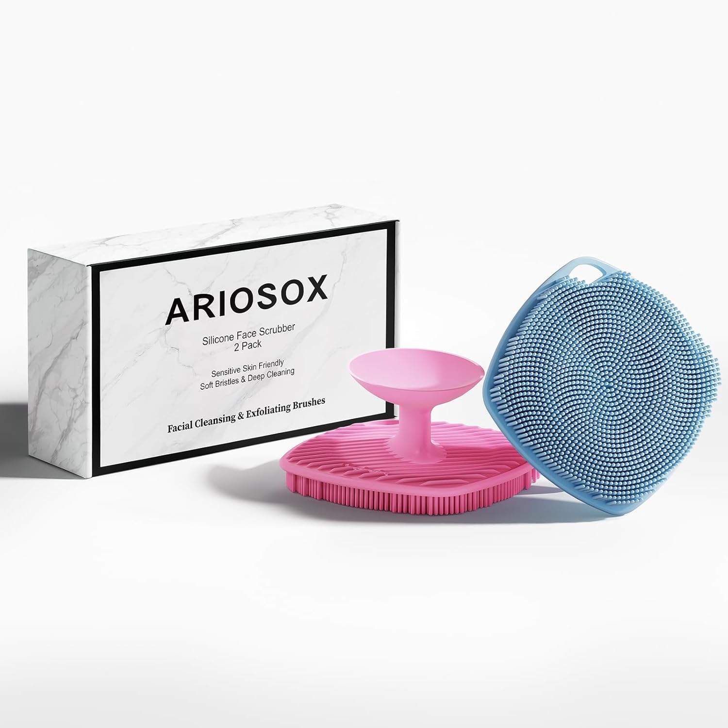 ARIOSOX Silicone Face Scrubbers front view showing pink and blue cleaning pads