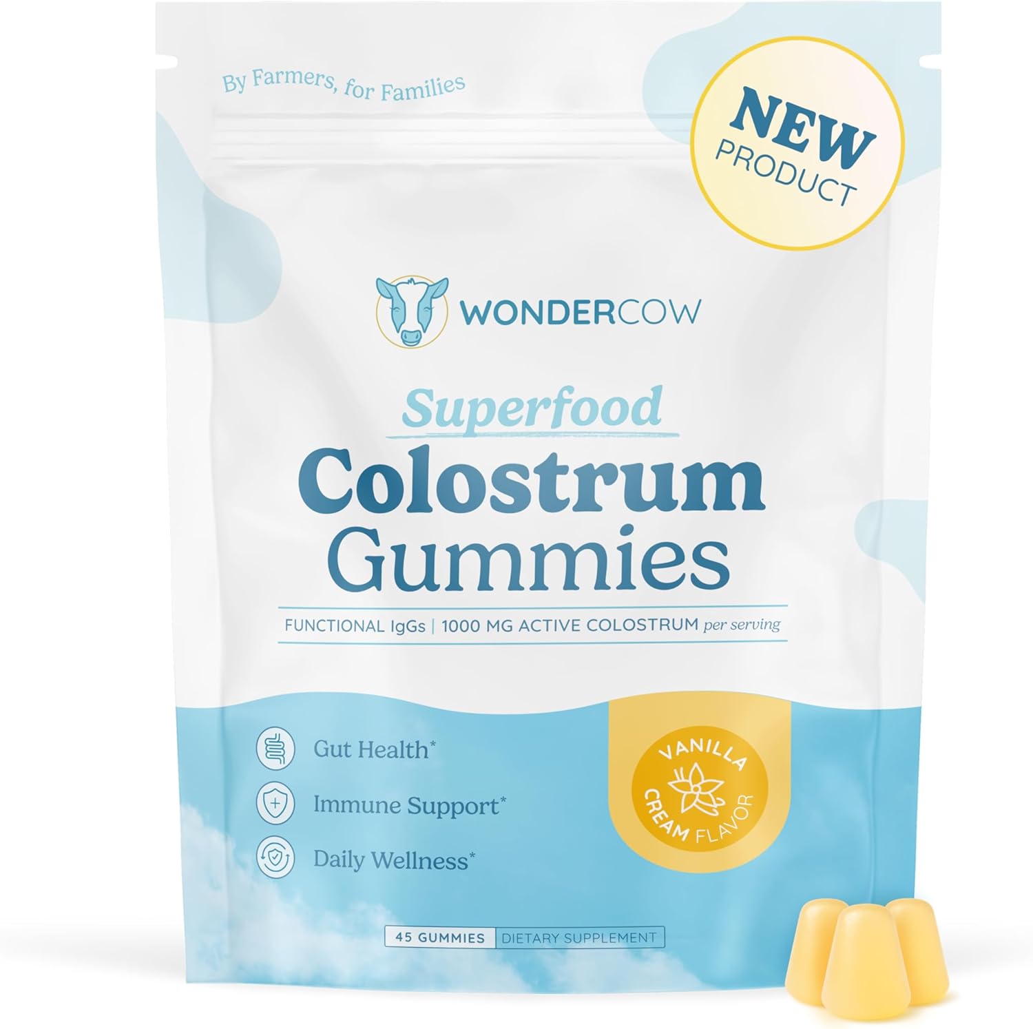 WONDERCOW Colostrum Gummies for Gut Health, Immune Support & Wellness | Natural IgG Whole Bovine Colostrum Supplement, 1,000mg per Serving (45 Gummies (15 Servings), Vanilla Cream) - Image 1