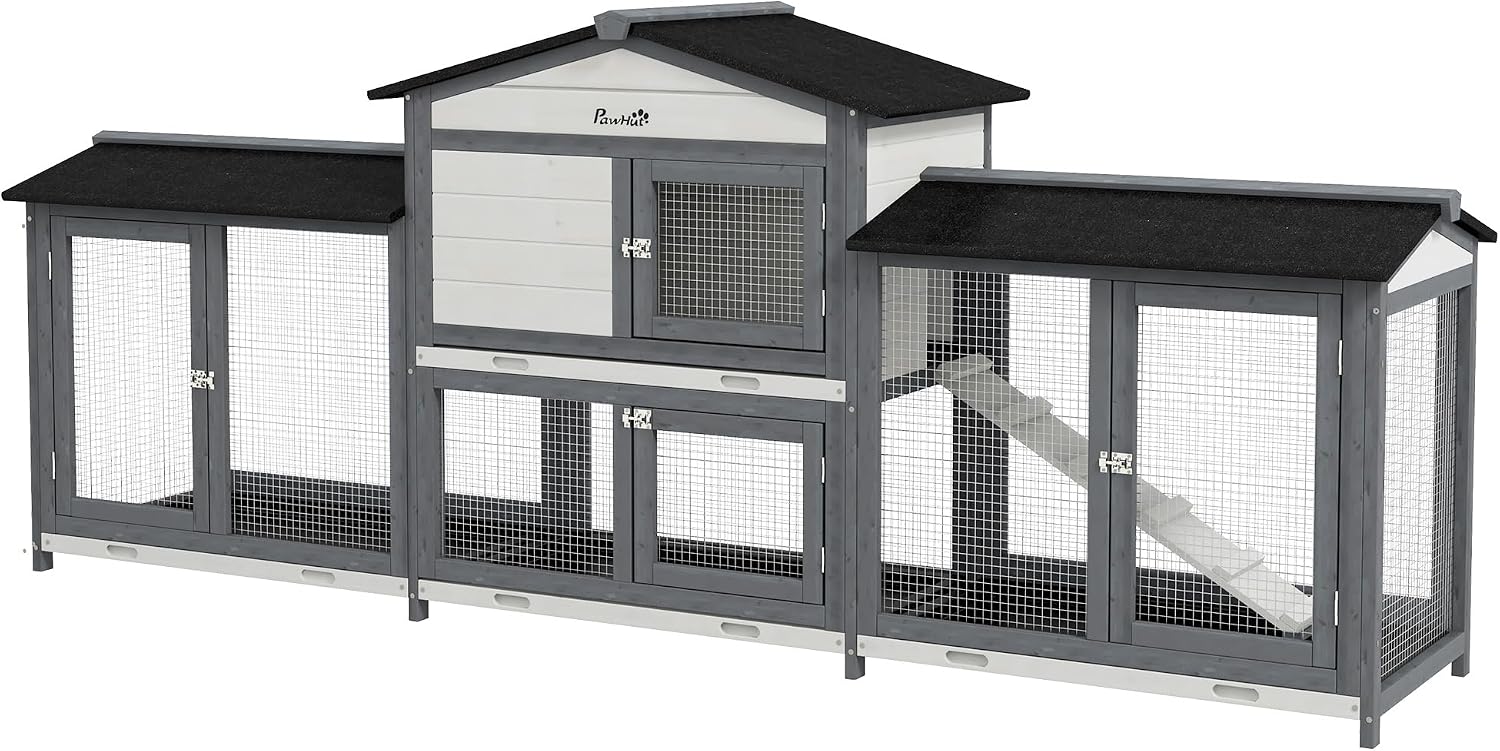 PawHut 90.5" Wooden Rabbit Hutch Bunny Cage Pet Playpen House Enclosure with Double Side Run Boxes, No Leak Tray, Ramp, for Guinea Pig and Small Animals, Light Gray - Image 1
