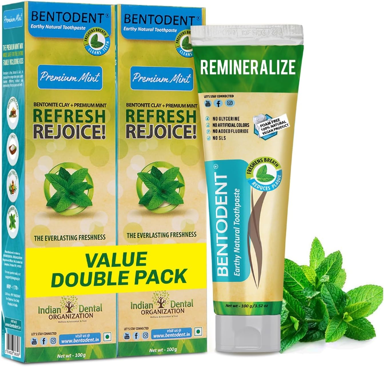 Bentodent Remineralizing Fluoride Free Toothpaste, Organic & Natural with Calcium Bentonite Clay, SLS Free, Whitening for Sensitive Teeth, Vegan (Premium Mint Combo) - Image 1