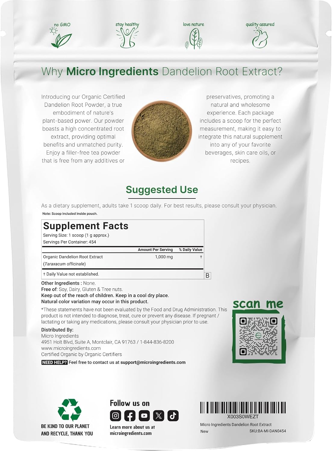 Natural ingredients graphic layout featuring dandelion flower illustration