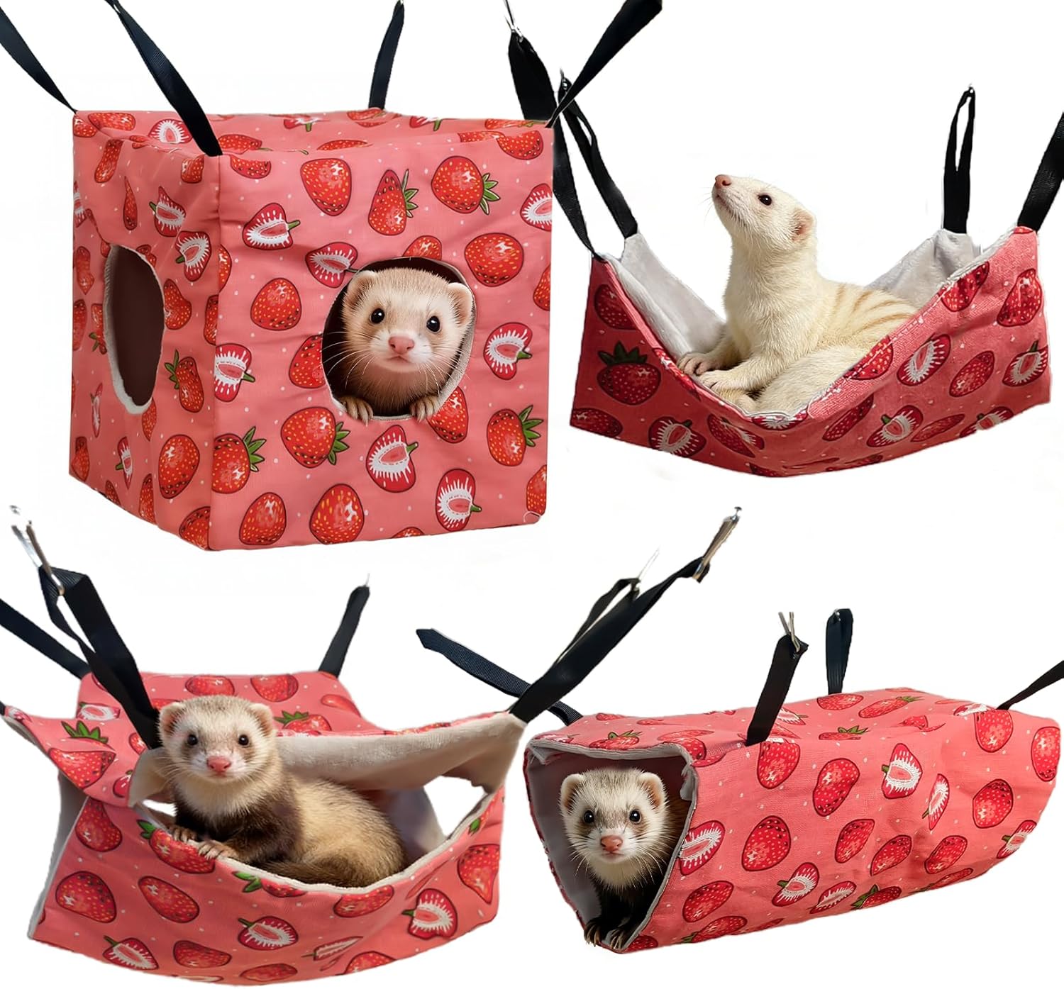 Kathson 4 Piece Ferret Hammock Set front view showing pink strawberry print hanging cage accessories