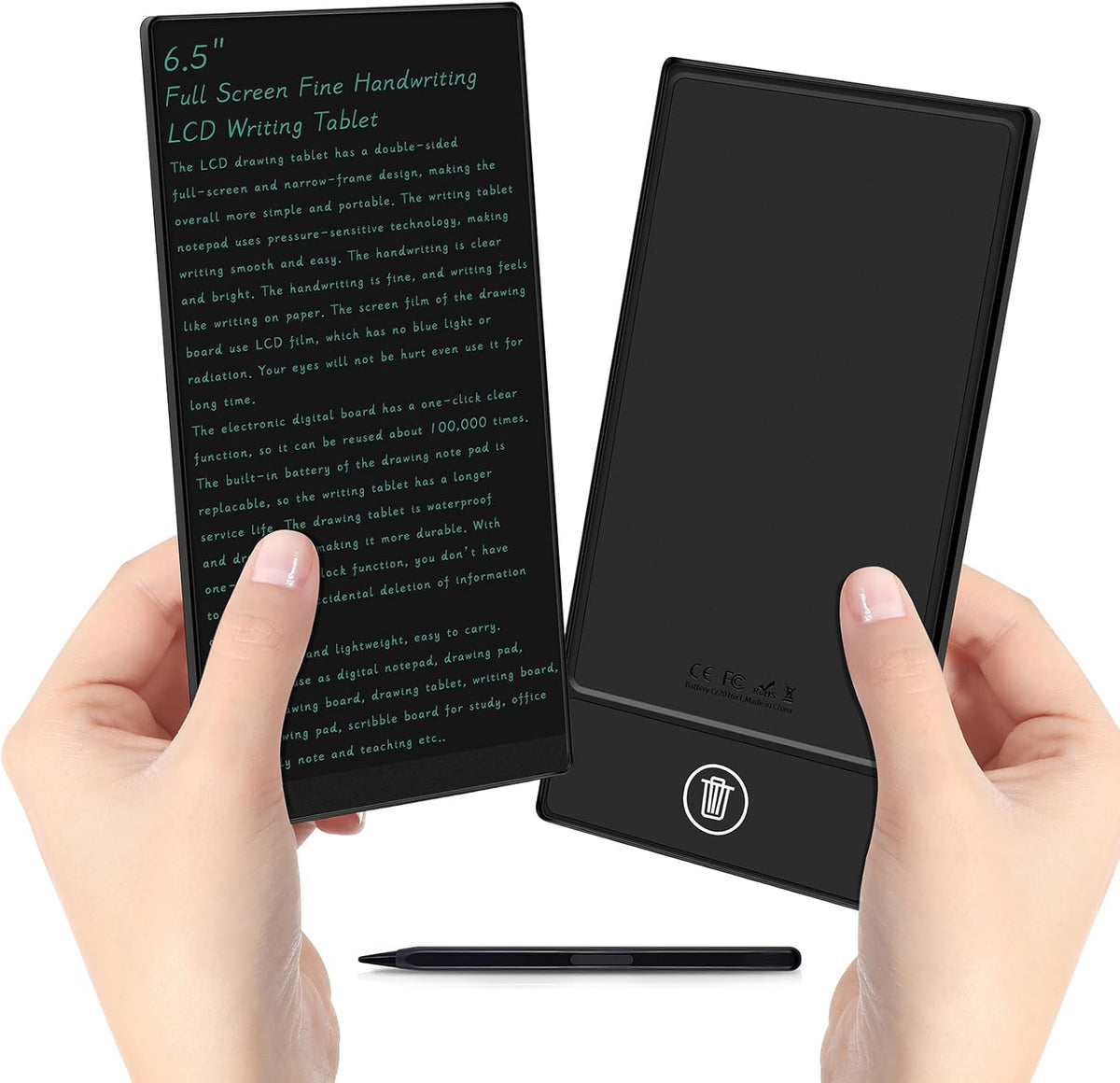YOLIPULI LCD writing tablet adult front view displaying blue-green handwriting lines on the full screen layout.