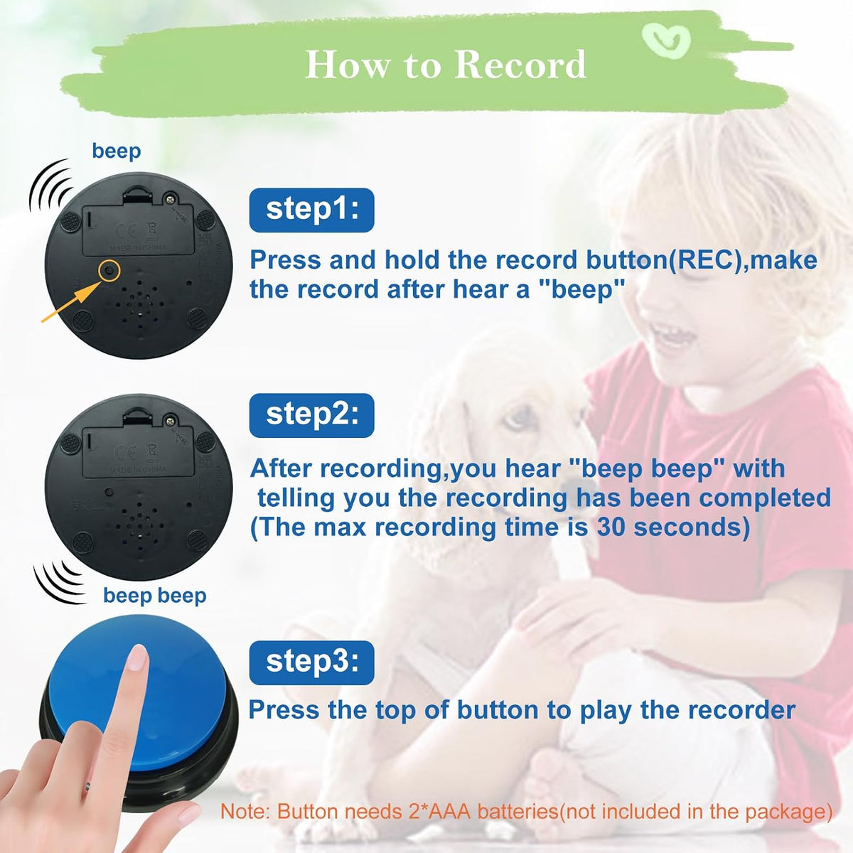 Hand pressing a Gelabur voice recording buzzer demonstrating the easy to use design for children and pets.