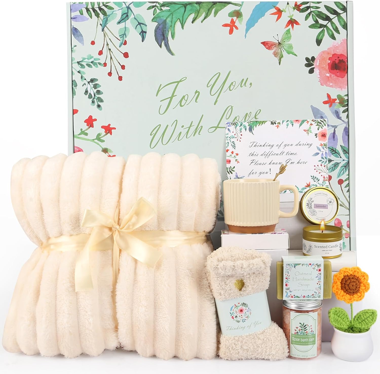 HOGEE sympathy gift baskets white front view featuring open condolence package with blanket