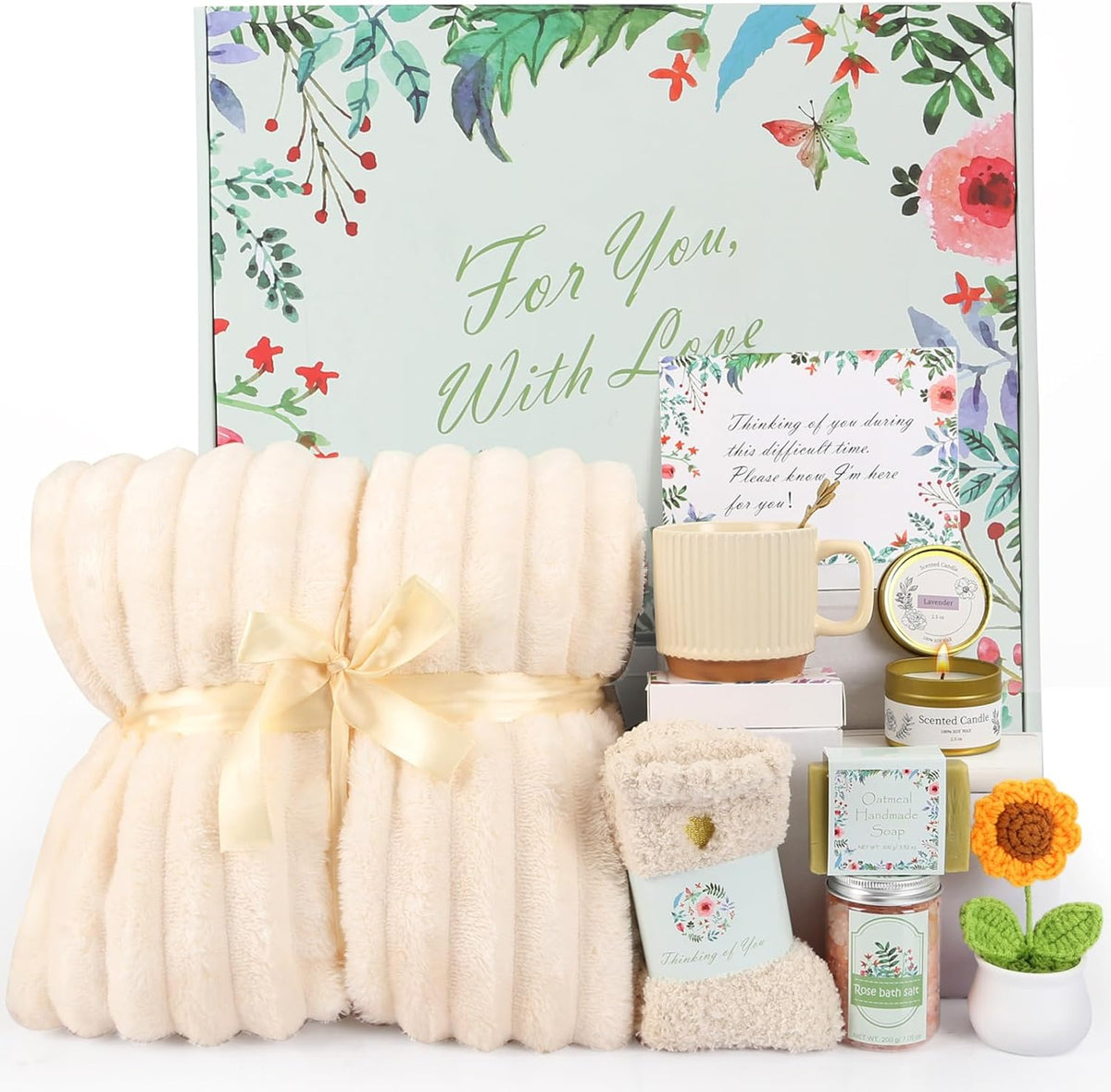 HOGEE sympathy gift baskets white front view featuring open condolence package with blanket