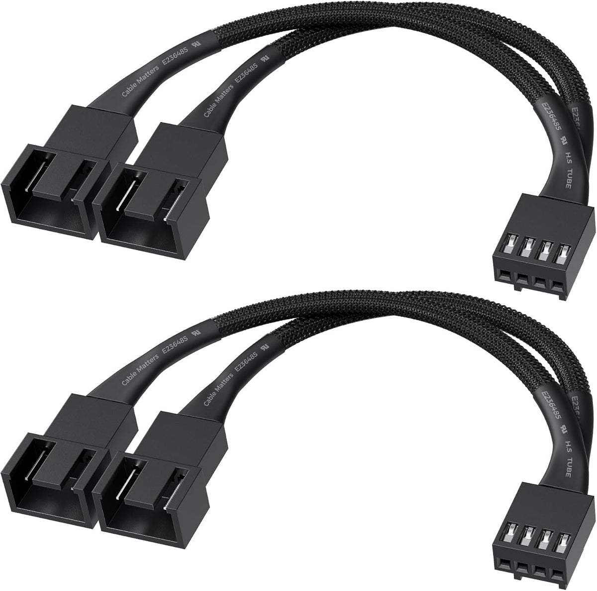 Cable Matters 2-Pack 2 Way 4 Pin PWM Fan Splitter Cable front view showing dual connectors.