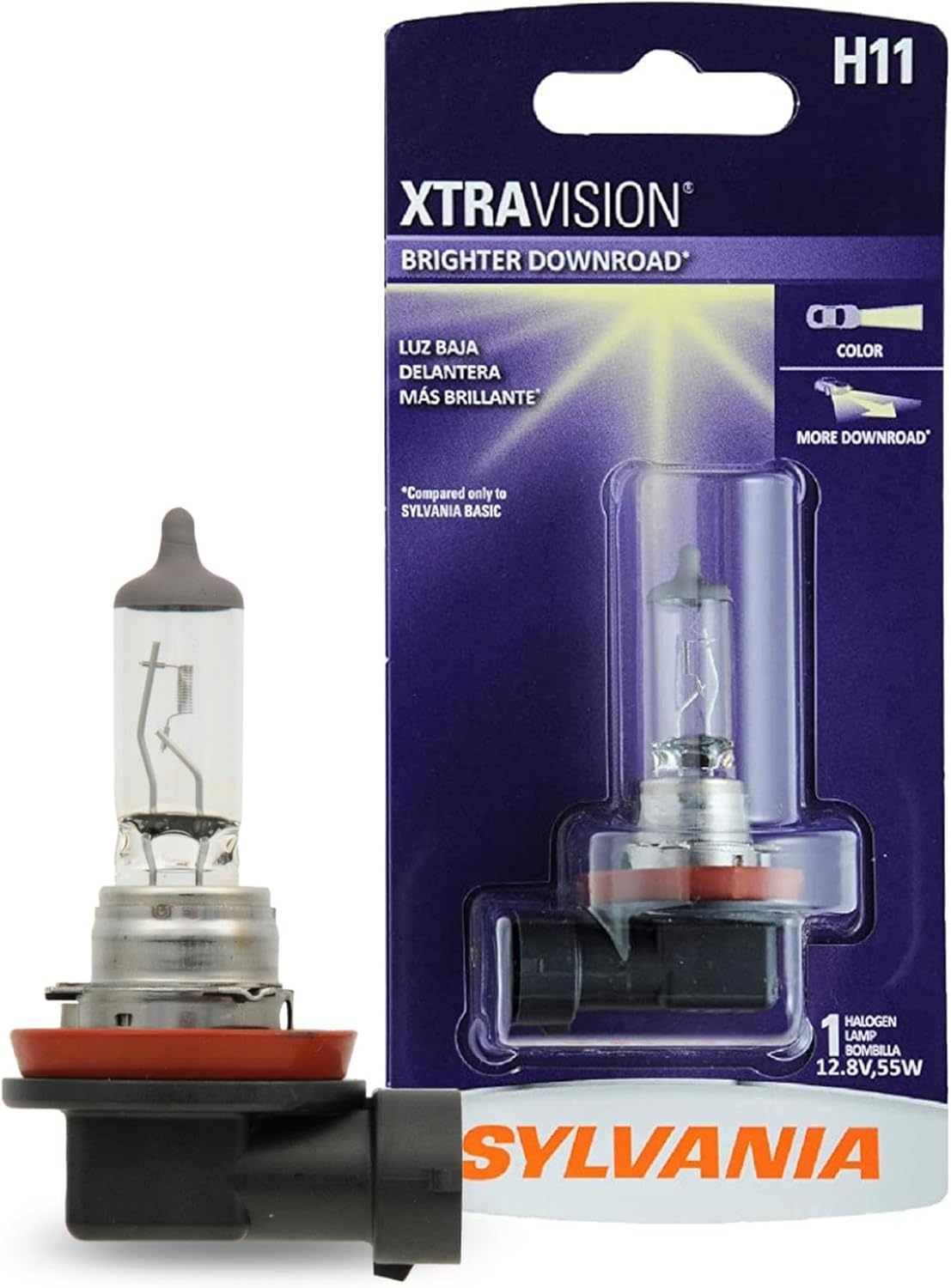 Sylvania H11 XtraVision high performance halogen headlight bulb front view showcasing the packaging and single replacement lamp.