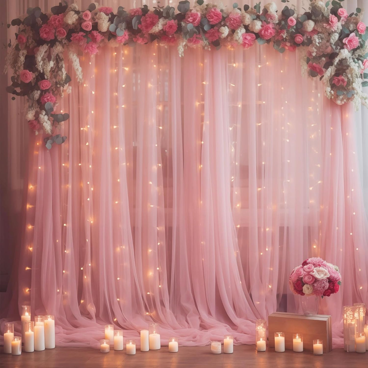 Wish Care dusty rose tulle backdrop curtain front view showcasing elegant drapes with integrated warm white string lights