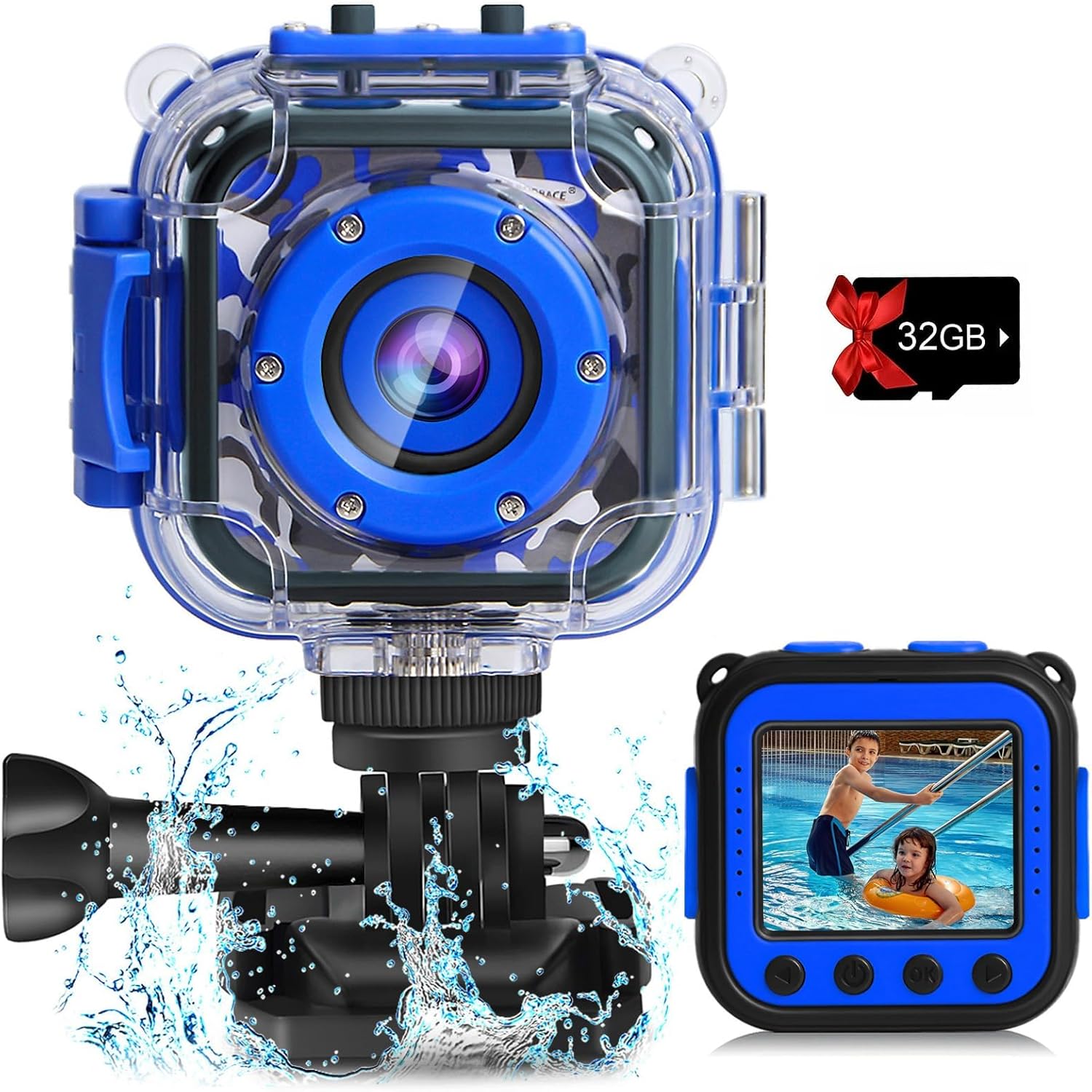 PROGRACE Kids Waterproof Camera front view in blue camouflage pattern with clear underwater housing