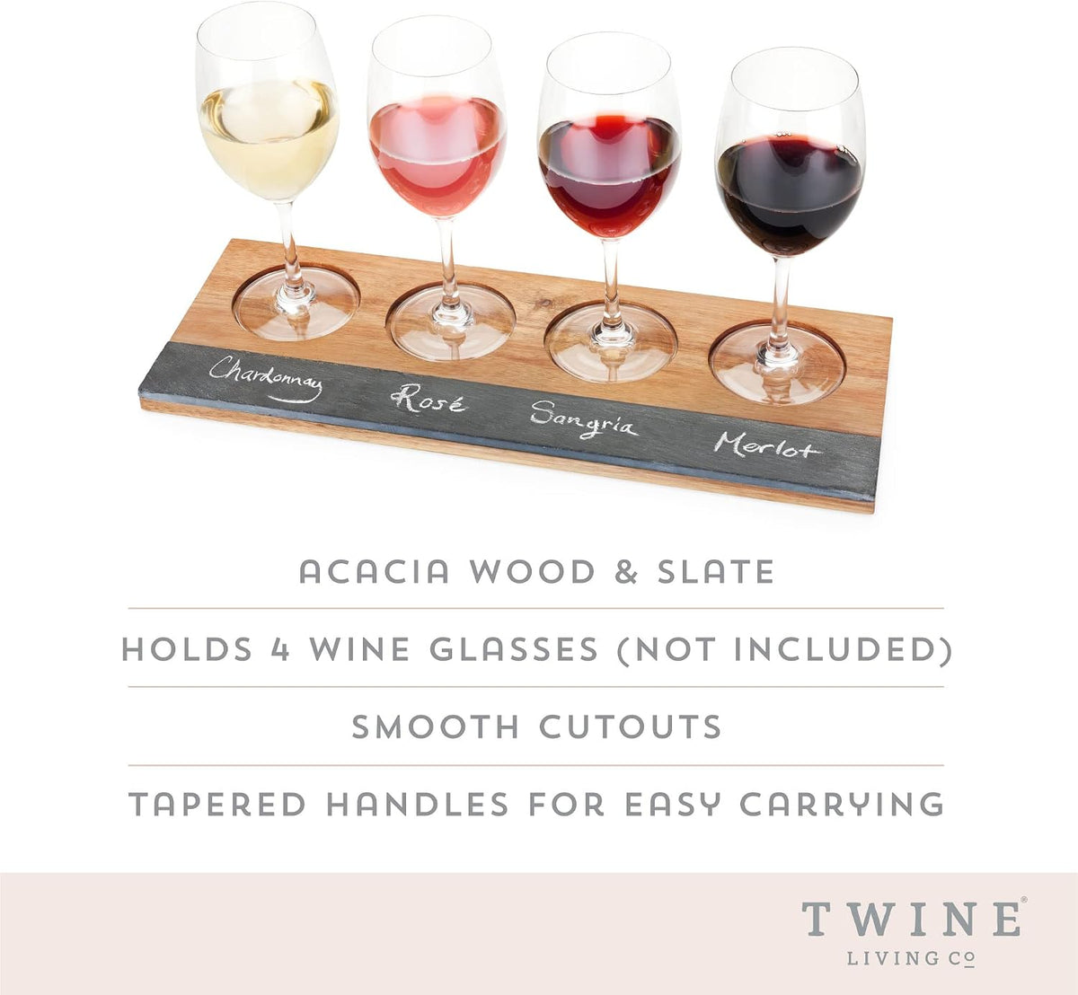 Twine wine flight board showing four glass cutouts and wood grain