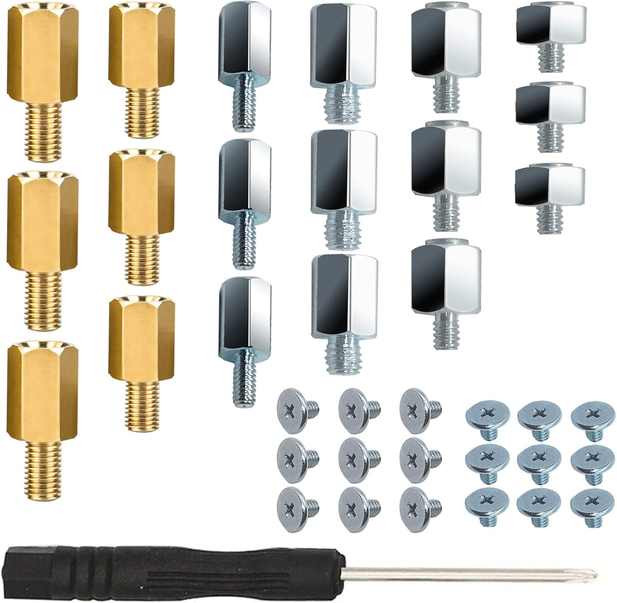 SGTKJSJS NVMe M2 Mounting Screws Kit front view showing thirty six hardware pieces and magnetic screwdriver