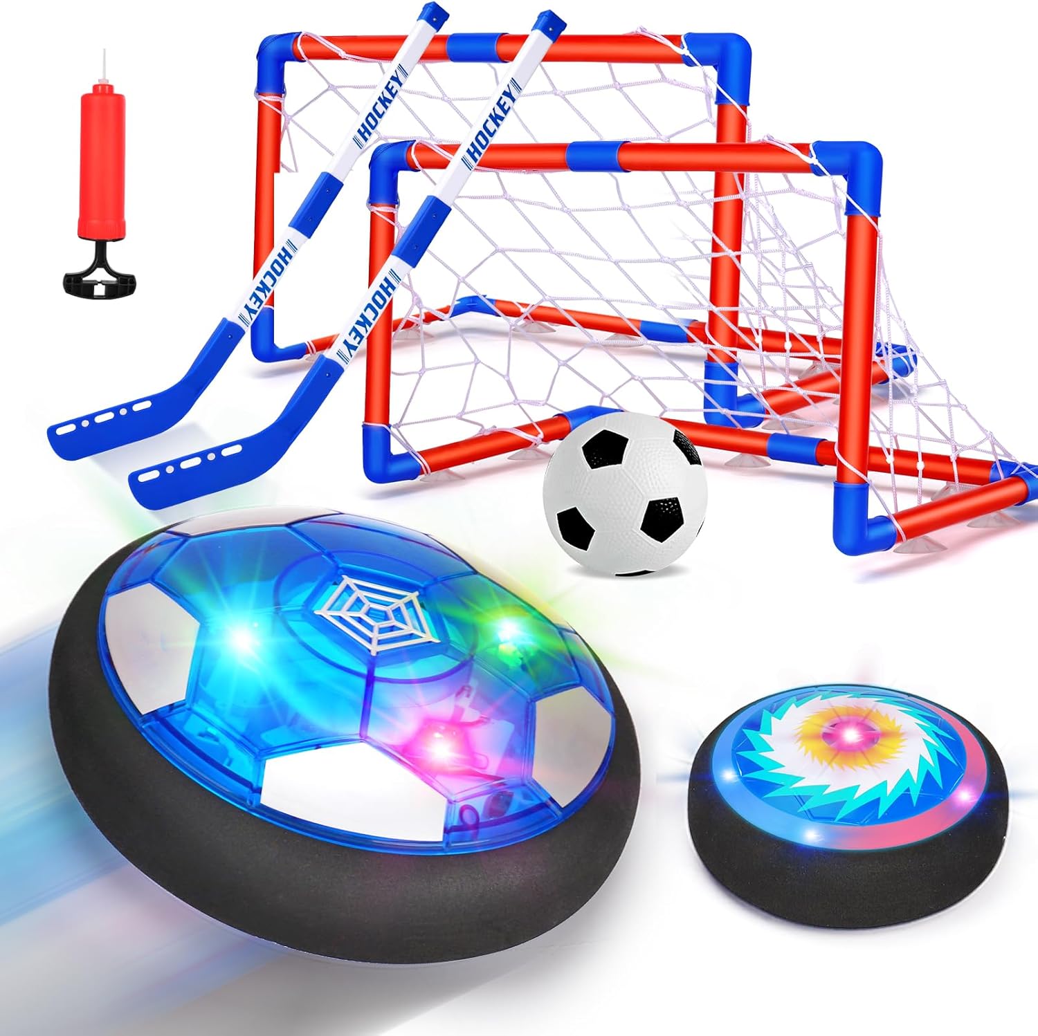 Qirptey 3 in 1 hover soccer ball and toddler hockey set front view showing glowing LED lights