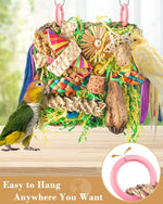 Close up of colorful rattan balls on a seagrass mat bird toy.