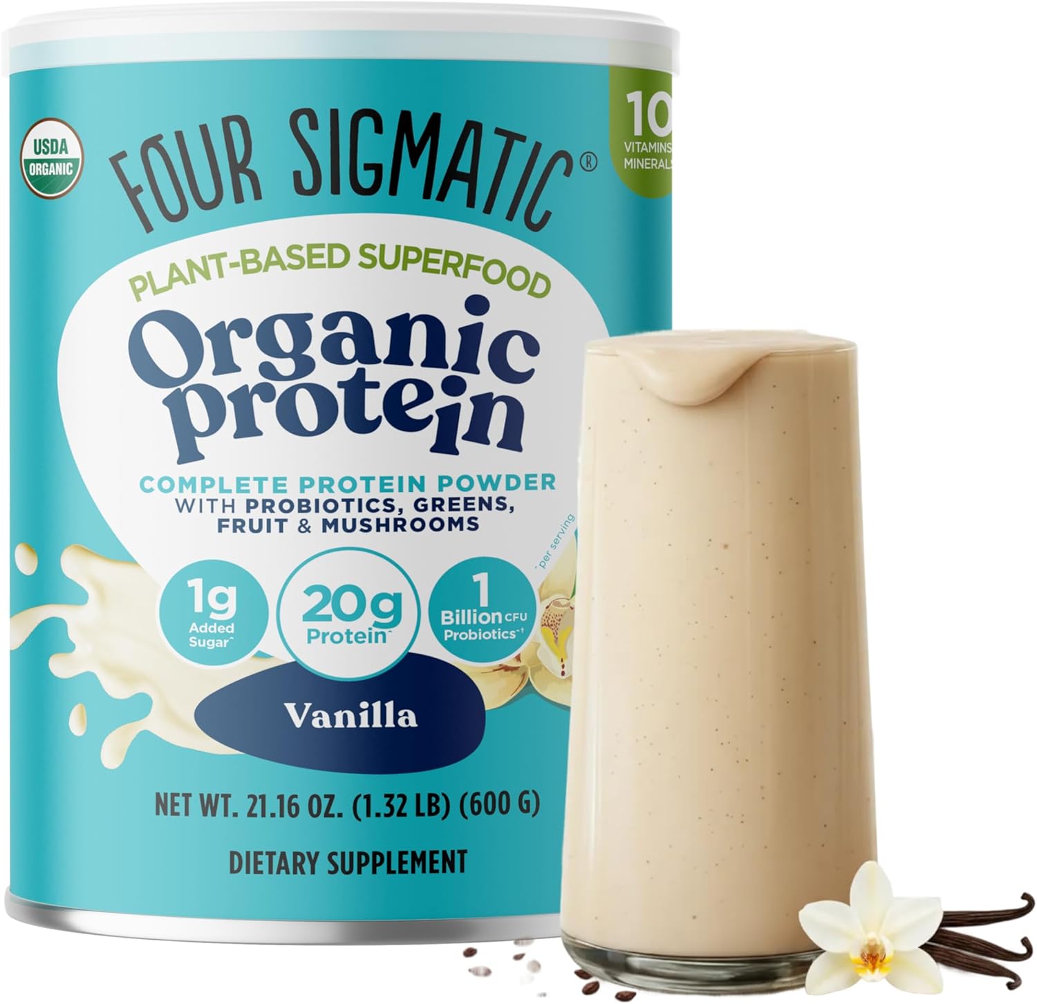 Four Sigmatic Organic Vegan Protein Powder Vanilla 15 Servings 21 oz Tub
