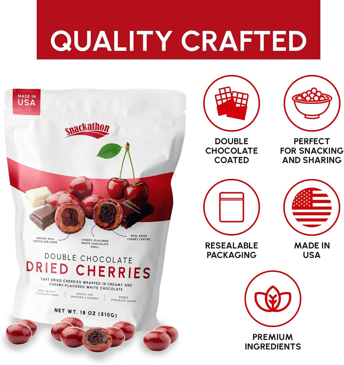 Snackathon Double Chocolate Covered Cherries, 18 OZ Resealable Bulk Bag, Tart Dried Red Cherries Coated in Creamy Milk Chocolate & White Chocolate, Indulgent for Snacking & Gifting - Image 4
