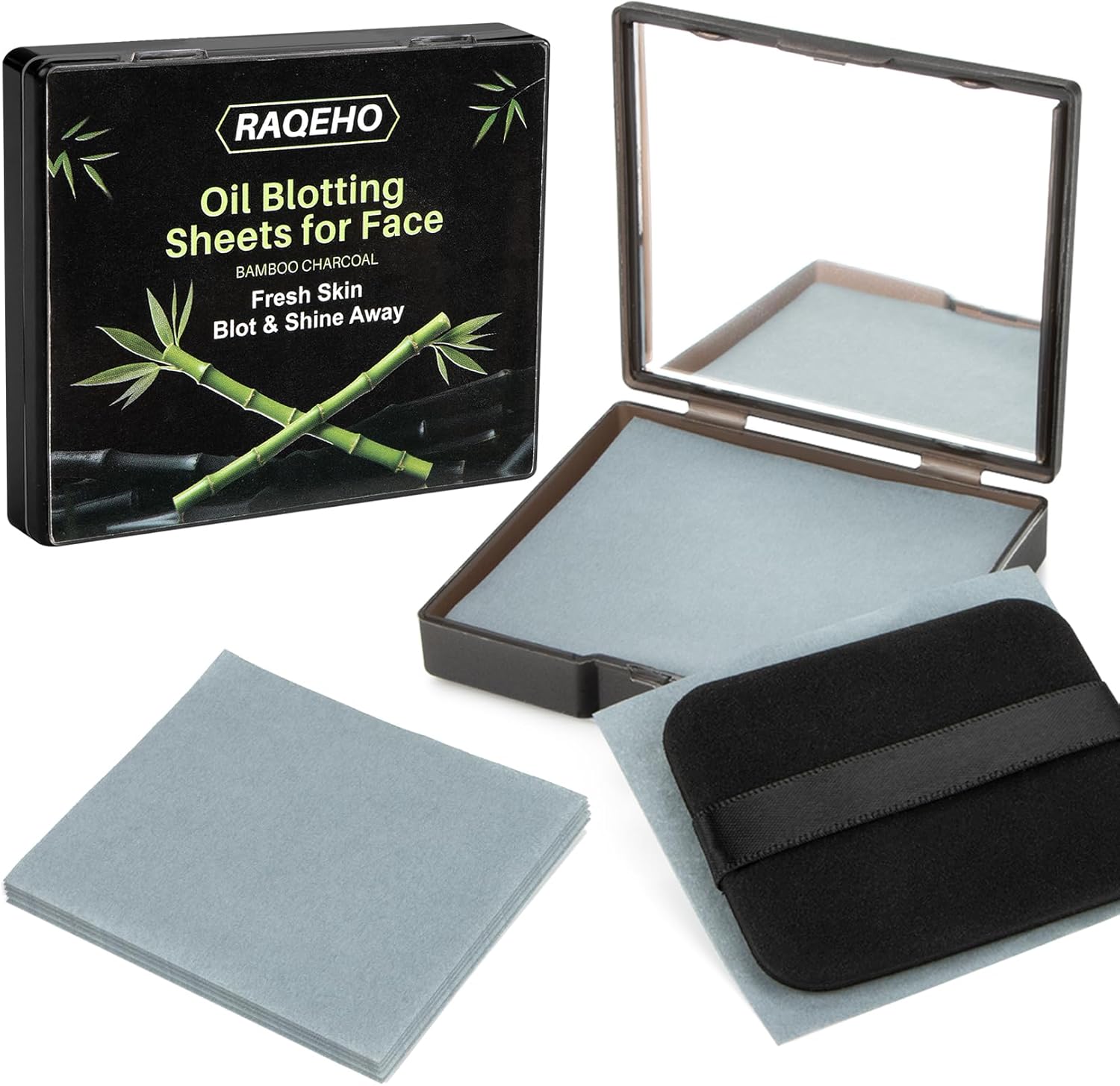 Danabe bamboo charcoal oil blotting sheets front view inside portable mirror case with application puff