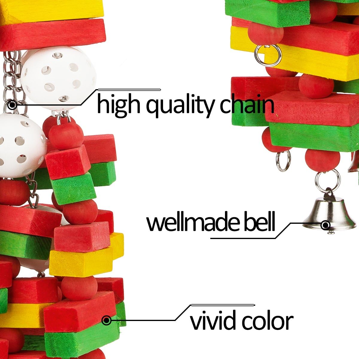 Heavy duty metal chains and bells featured on the MEWTOGO large bird enrichment toy.