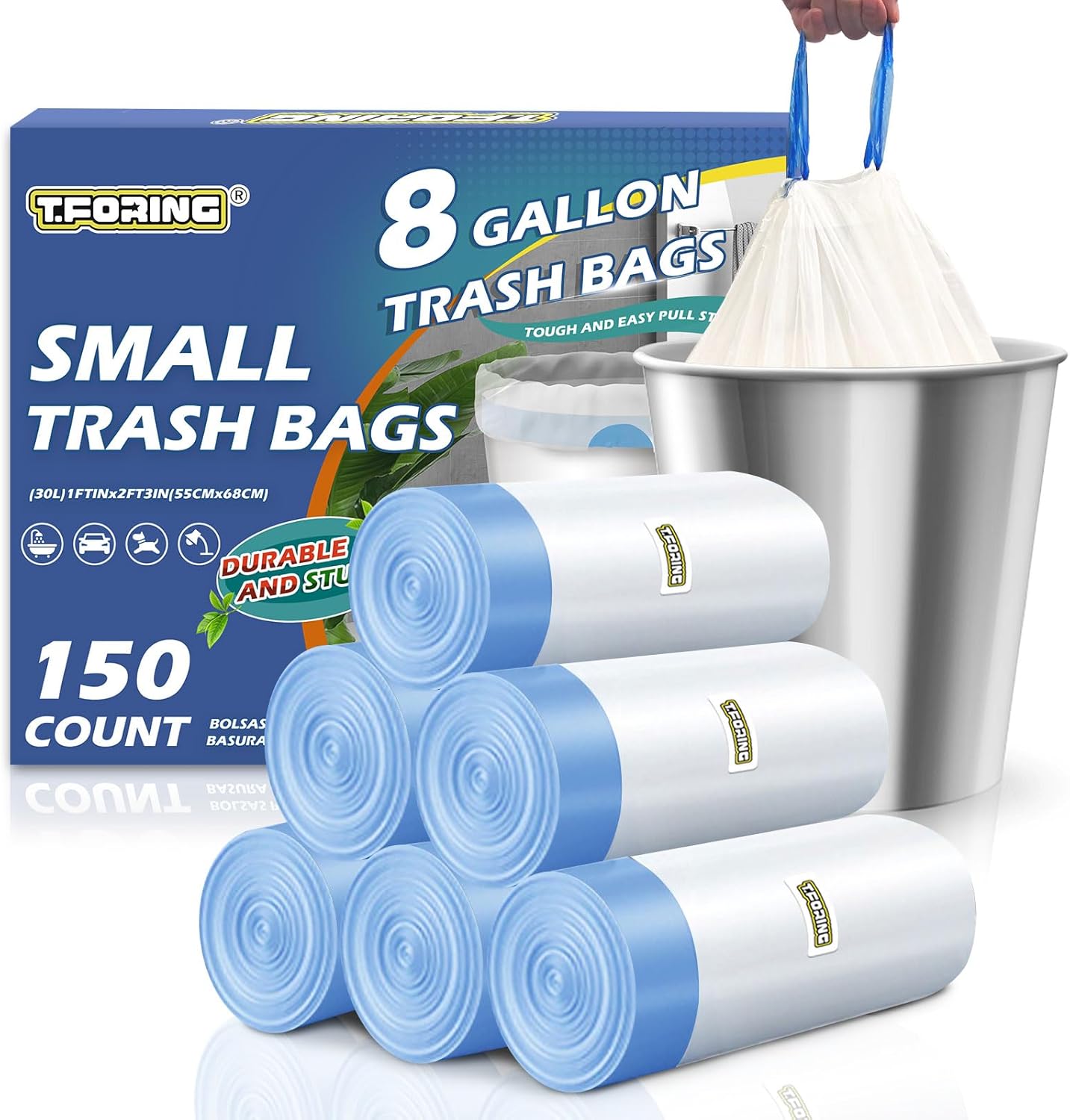 T.FORING 8 Gallon drawstring trash bags 150 count box front view