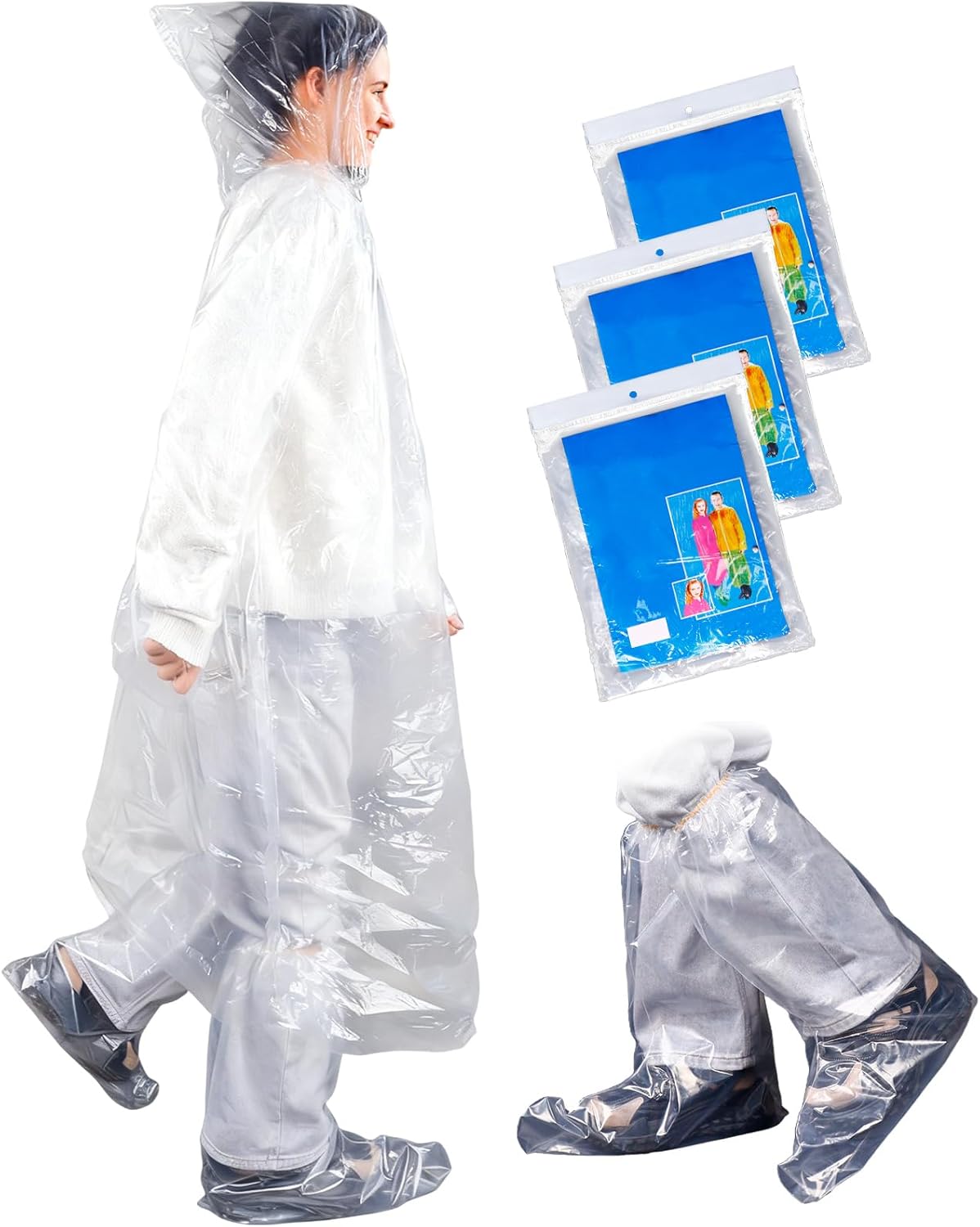 Creationshyam disposable rain ponchos front view showing transparent hooded emergency raincoat
