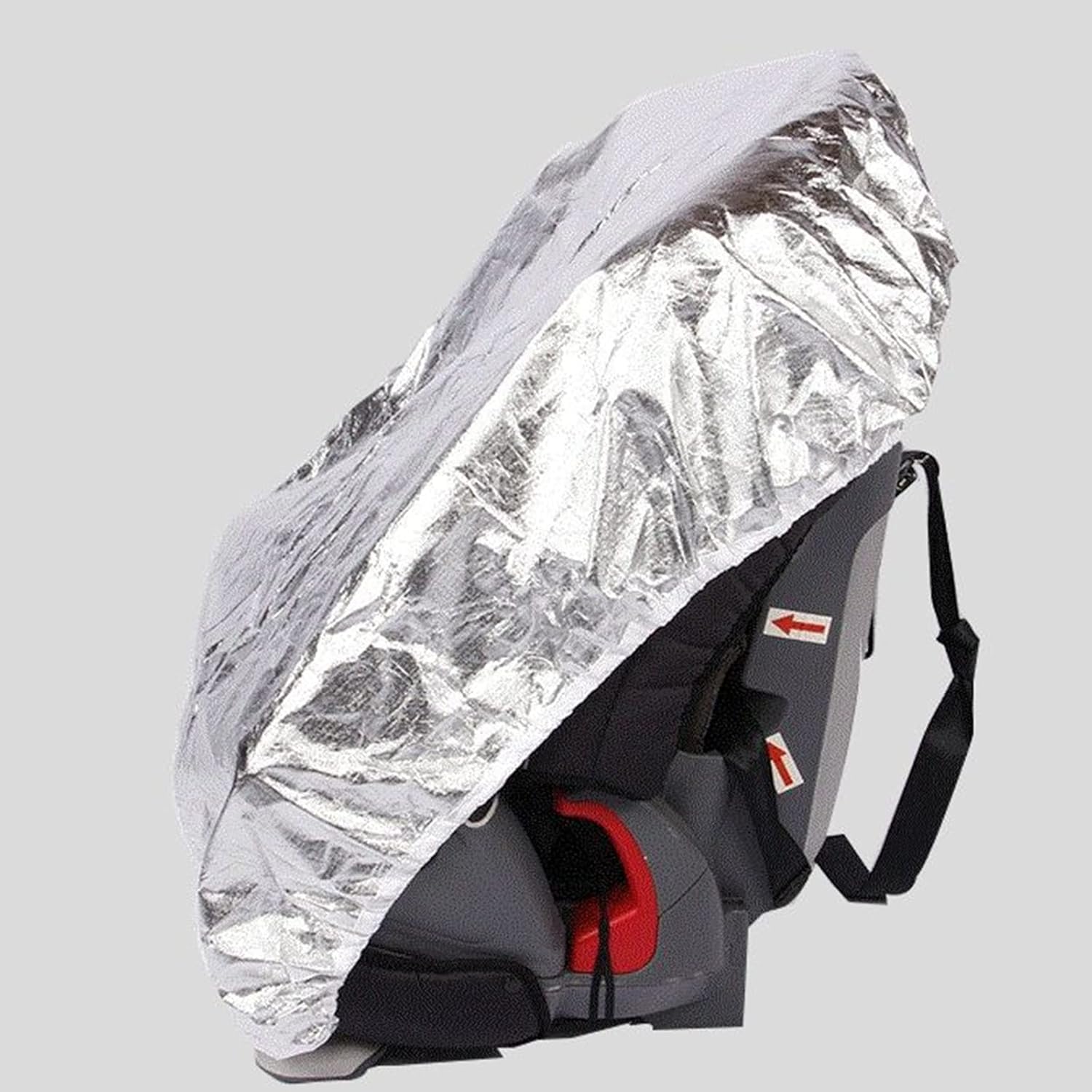 Ruiqas reflective baby car seat sun shade cover front view showing silver aluminum film exterior.