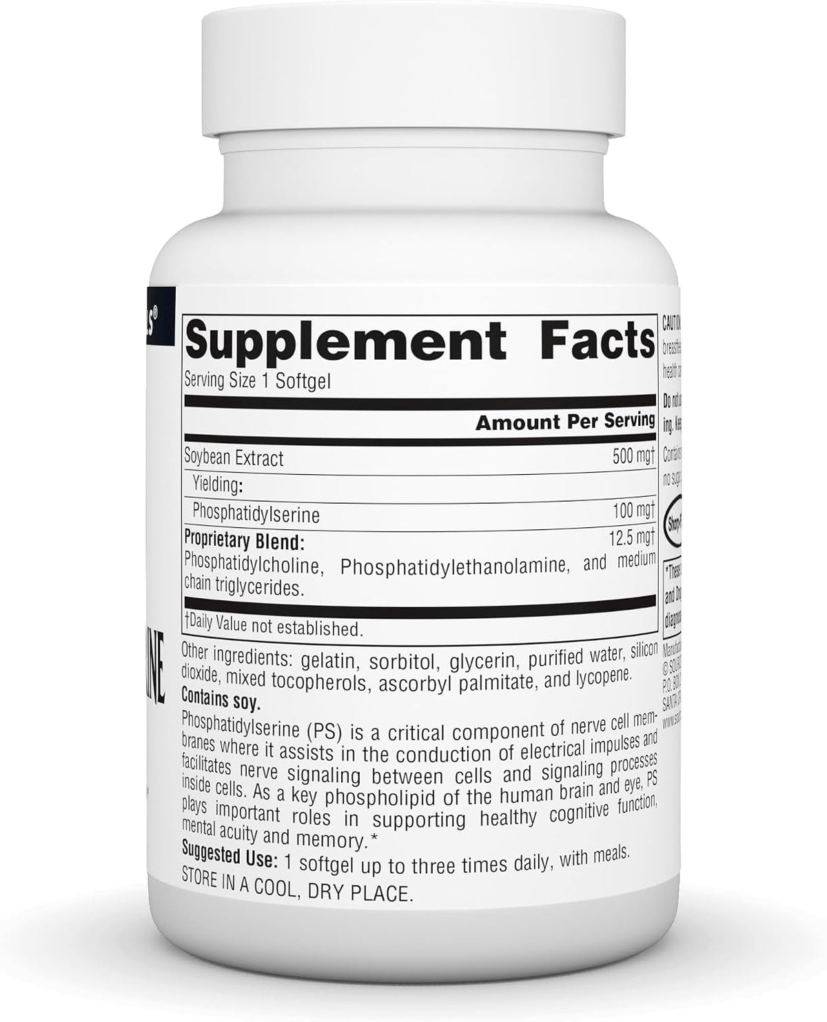 Source Naturals Phosphatidyl Serine 60 softgels back label nutritional information